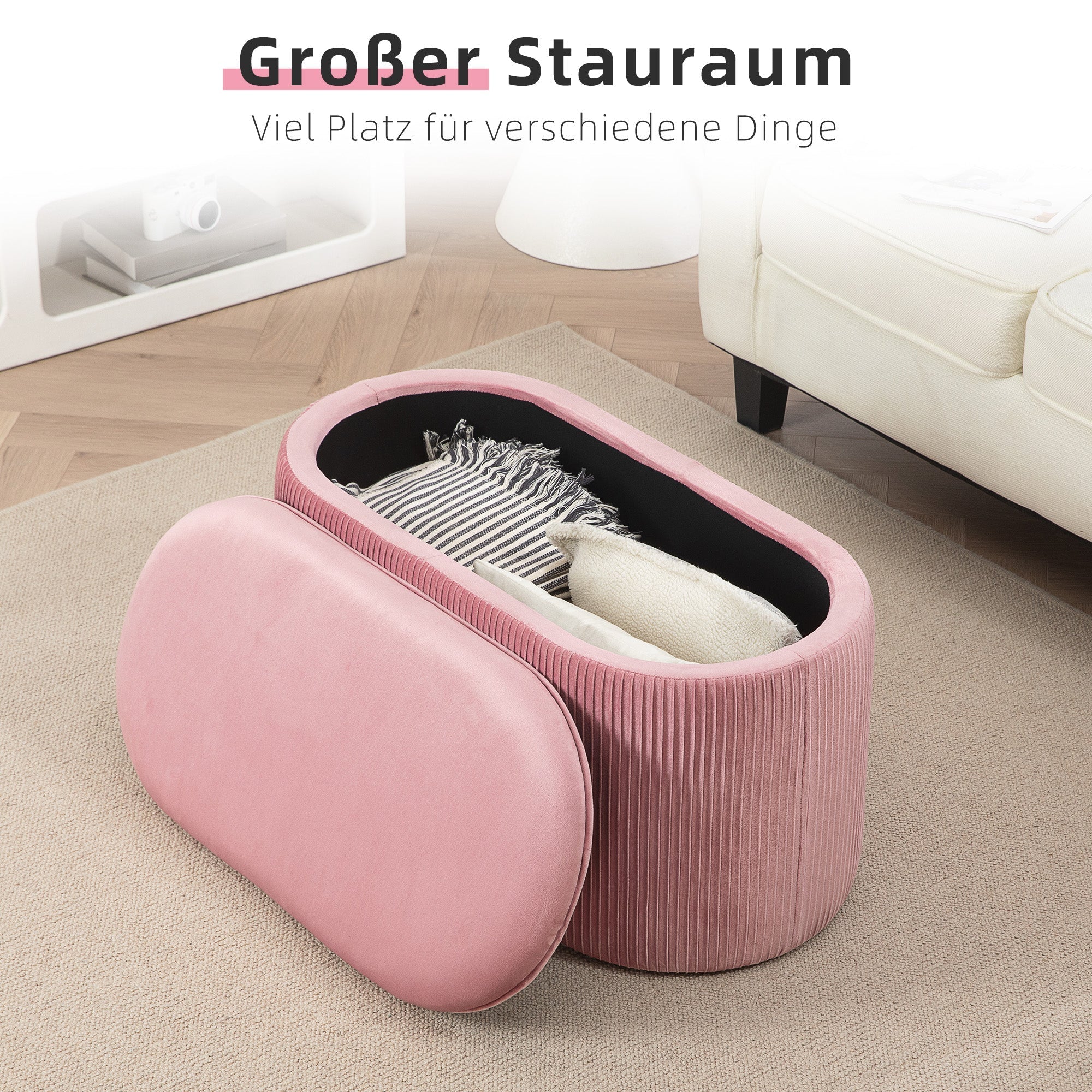 Upholstered Bench with Storage, French Style Velvet Cover, Pink