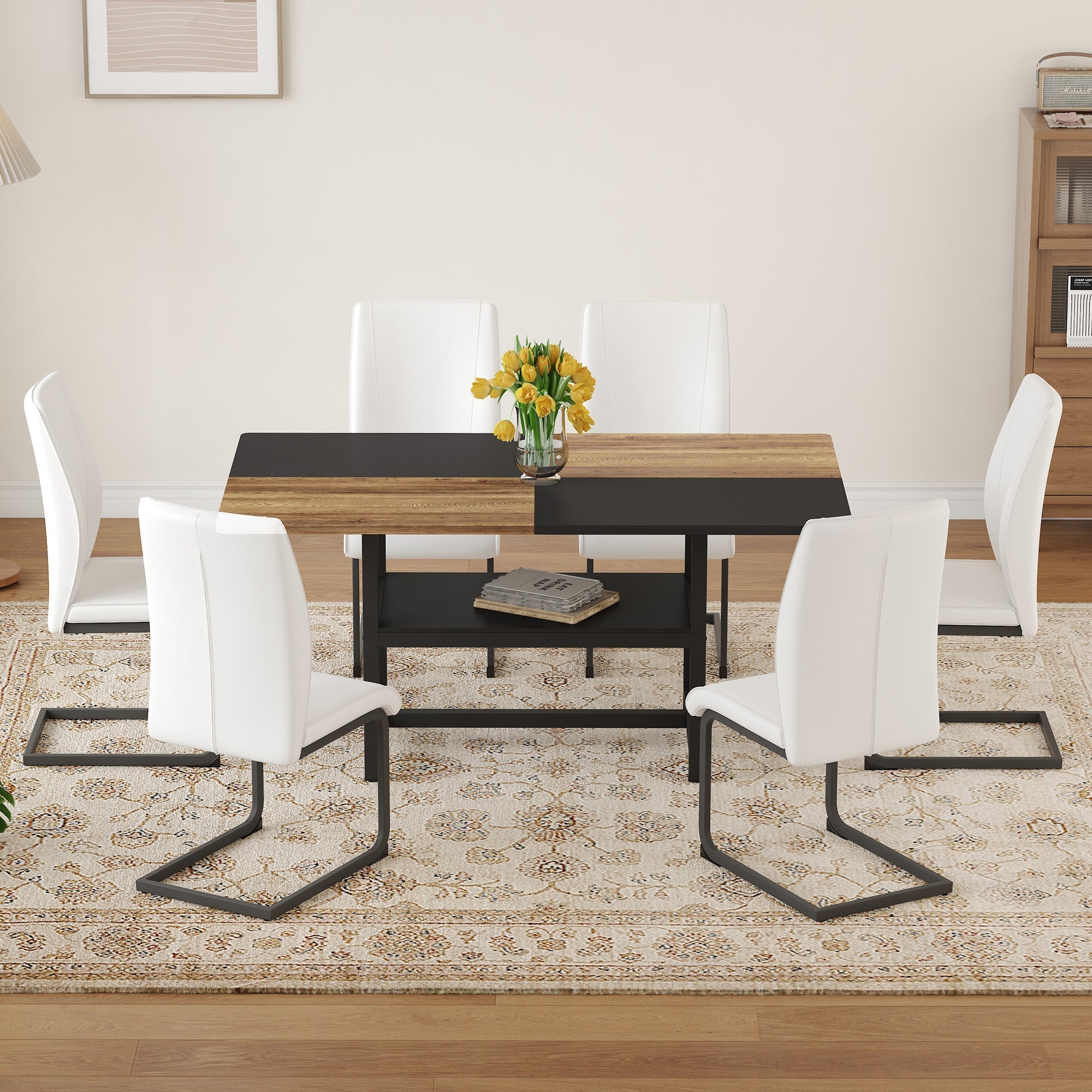 Dining Set - Rectangular Table Storage Shelf 6 Armchairs 160x90cm - White Faux Leather
