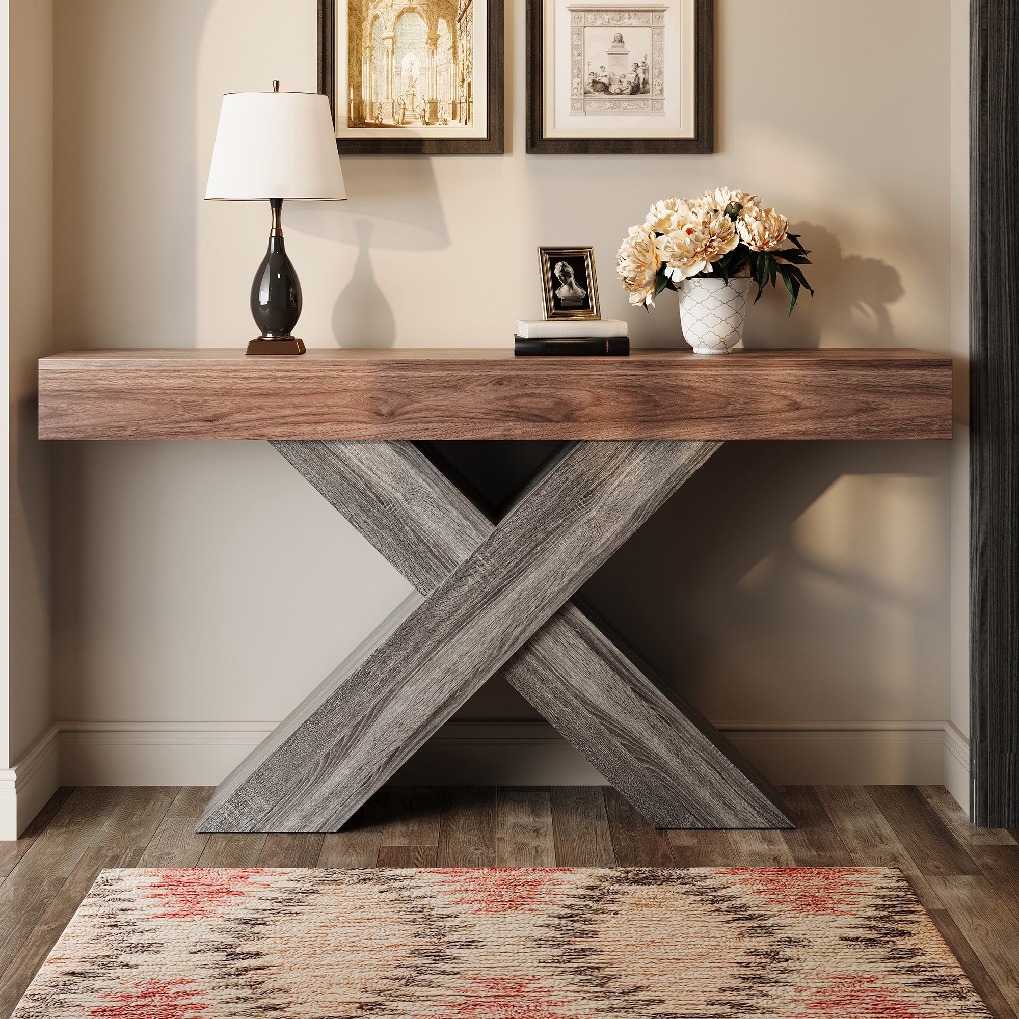 Console Table with X-Shaped Legs, Narrow Side Table for Hallway and Living Room, Wood Look Chipboard