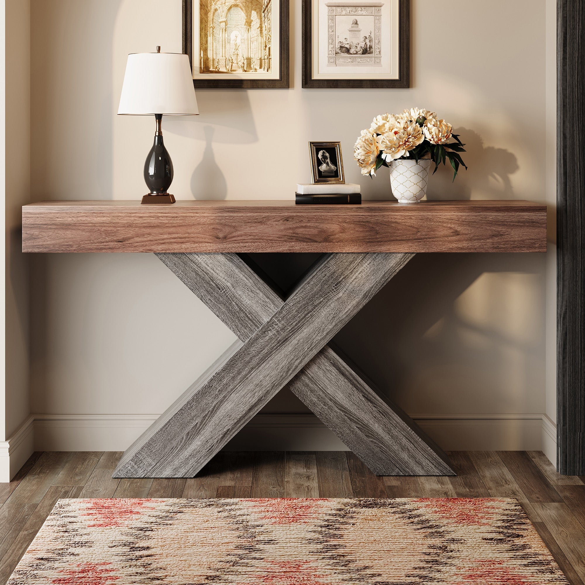 Console Table with X-Shaped Legs, Narrow Side Table for Hallway and Living Room, Wood Look Chipboard