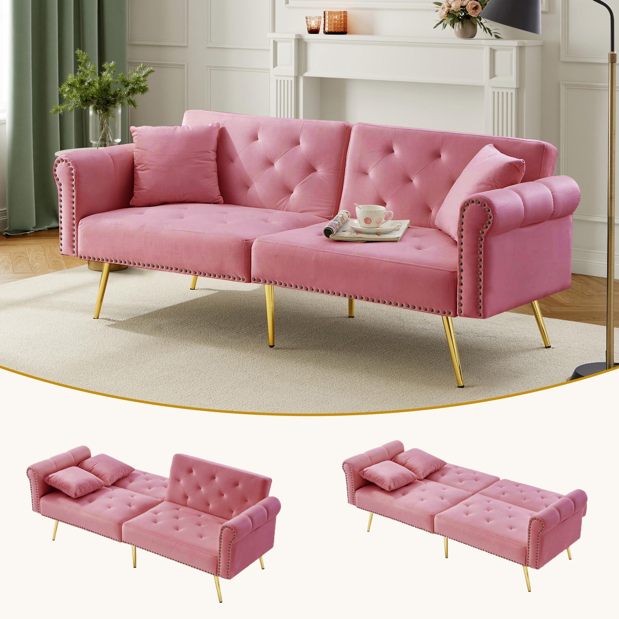 Modern 2-Seater Sofa Bed, Adjustable Backrest, Gold-Plated Metal Feet, Velvet