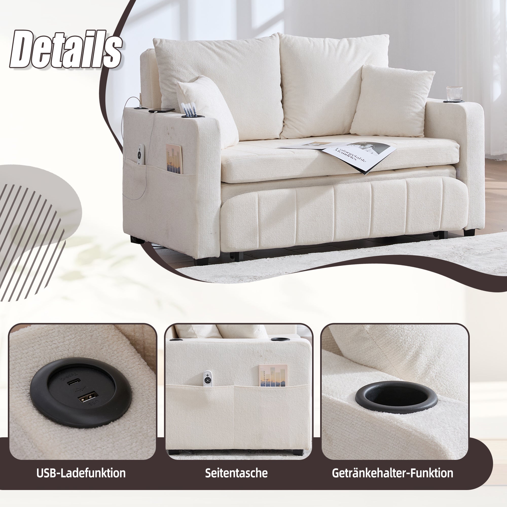 Sofa, Multifunctional Folding Pull-Out with USB & Cup Holder, Fabric