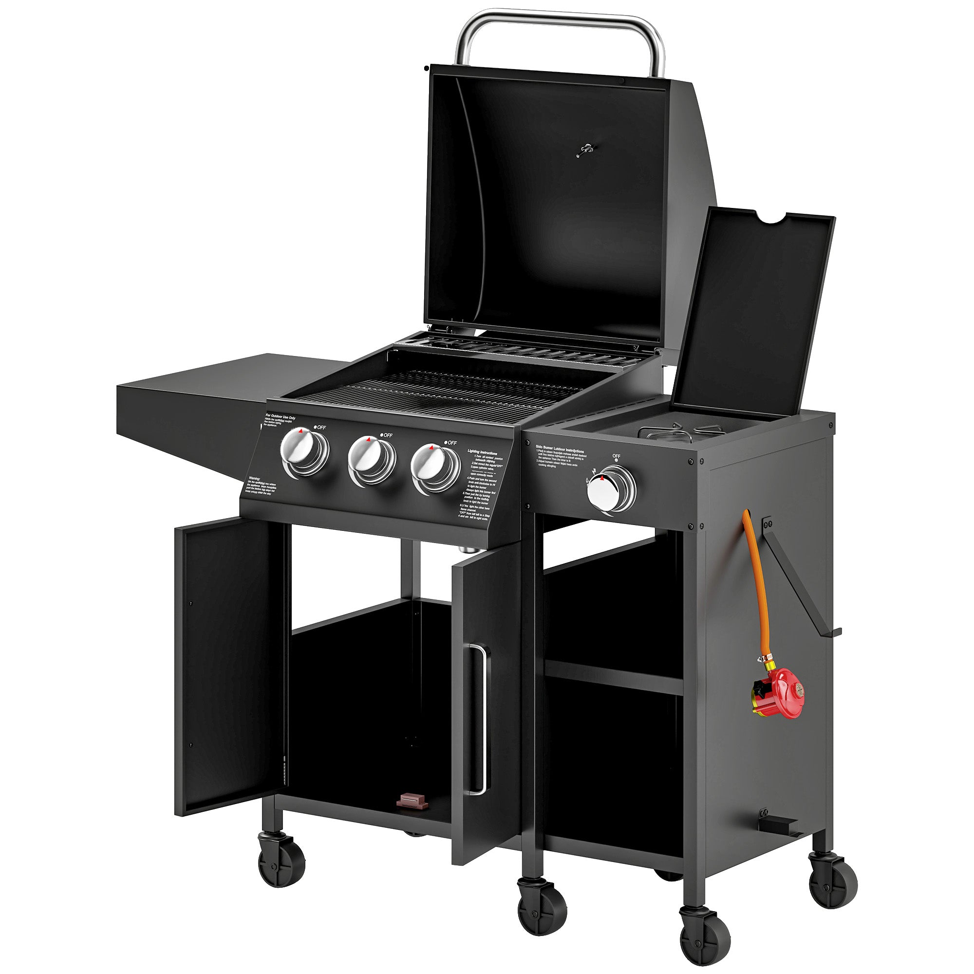 3+1 Burner Gas BBQ Grill, 9.5 kW with Storage Cabinet and 6 Castor Wheels, Black