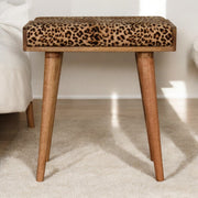 Solid Wood Footstool, Tray Style Upholstered Leopard Velvet, Light Brown