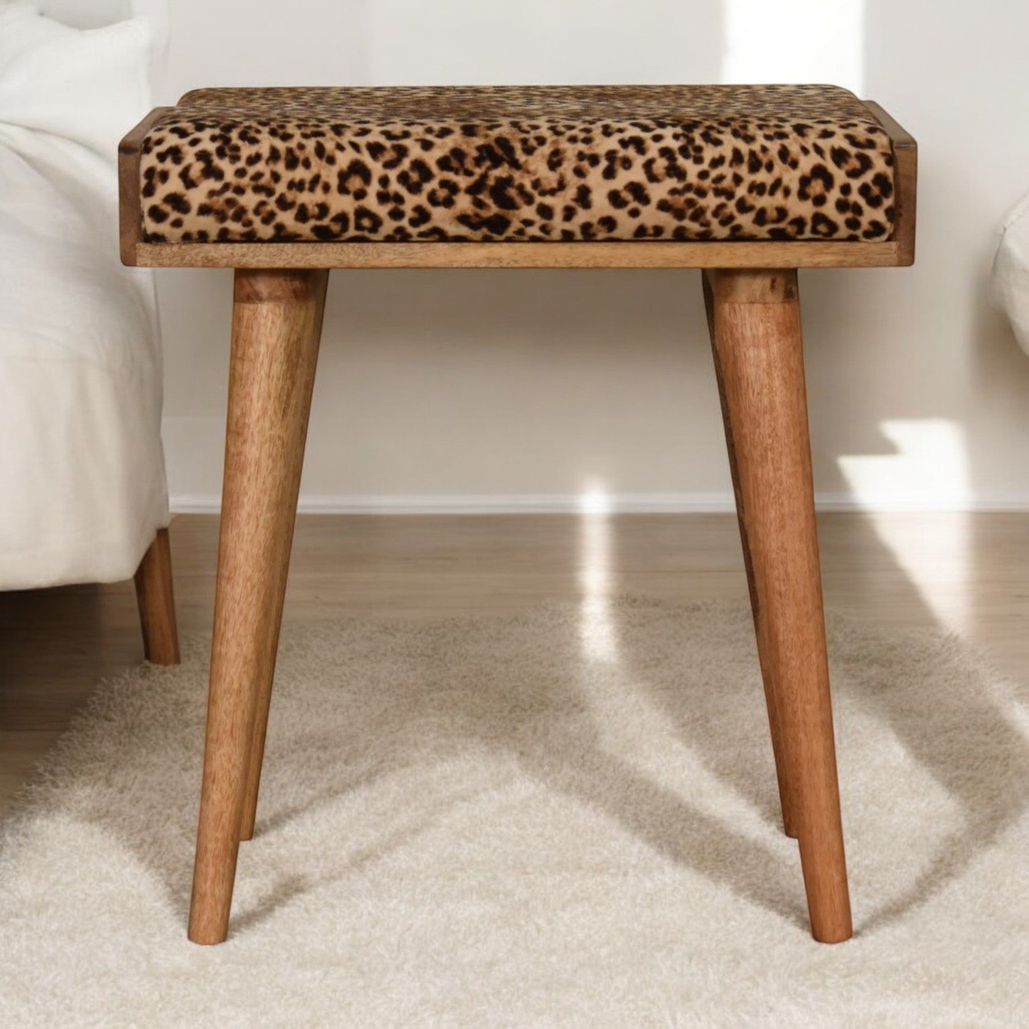 Solid Wood Footstool, Tray Style Upholstered Leopard Velvet, Light Brown