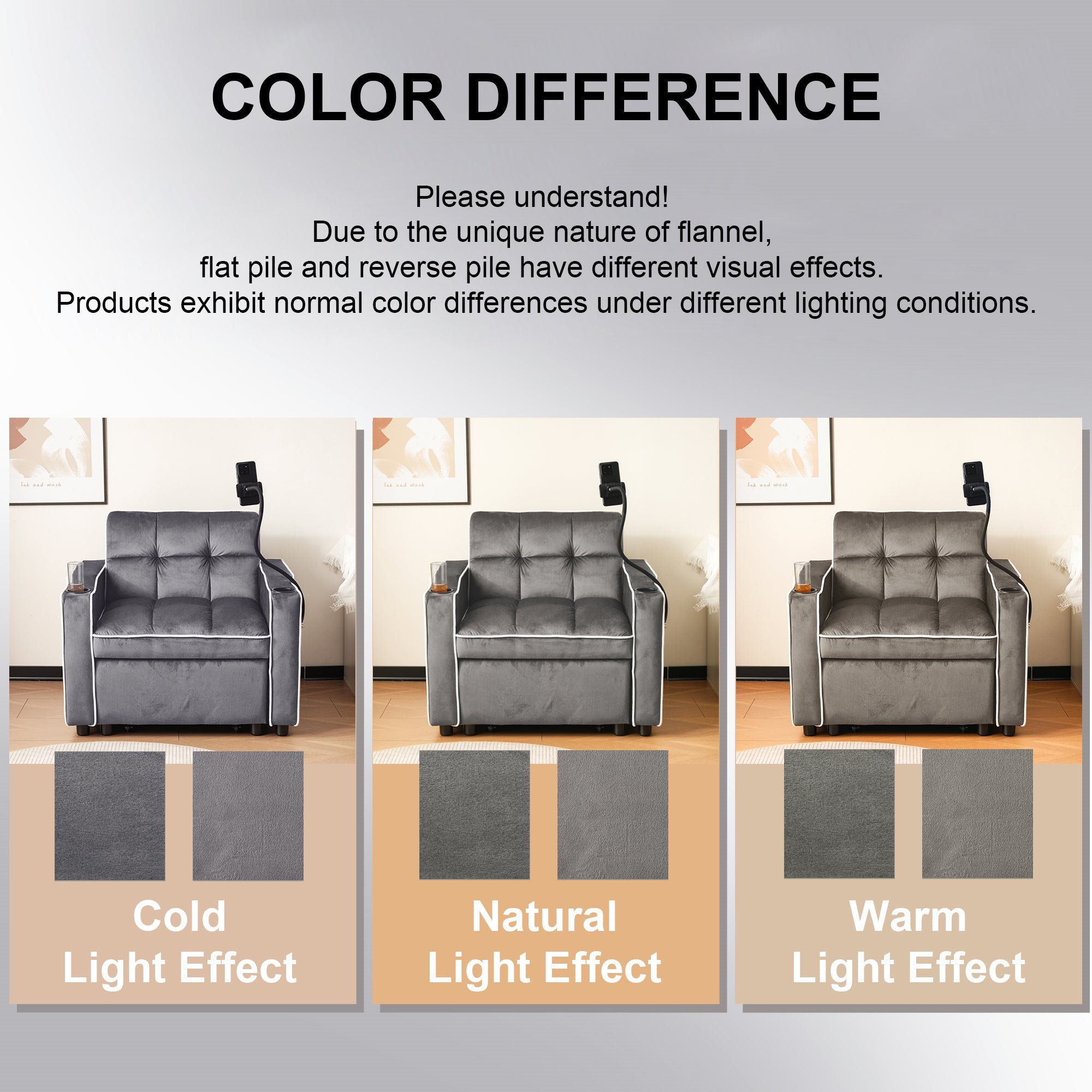 3-in-1 Expandable Single Sofa Bed with Drink Holders, Phone Holder, Sofa Recliner, Sleeper Chair, Armchair, for Small Spaces, Velvet Feel Fabric
