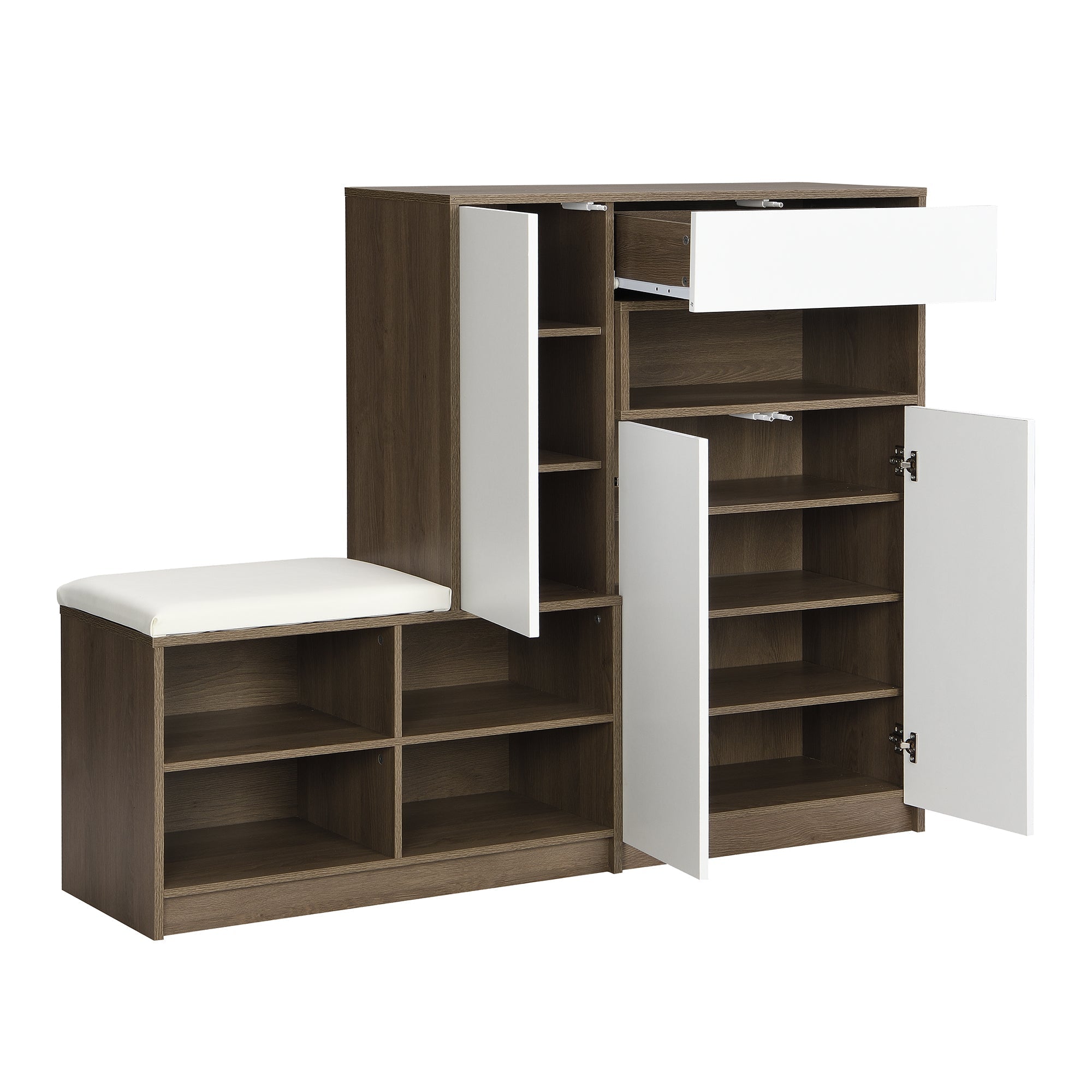 Shoe Storage Bench and Cabinet with Padded Seat, Adjustable Shelves, white