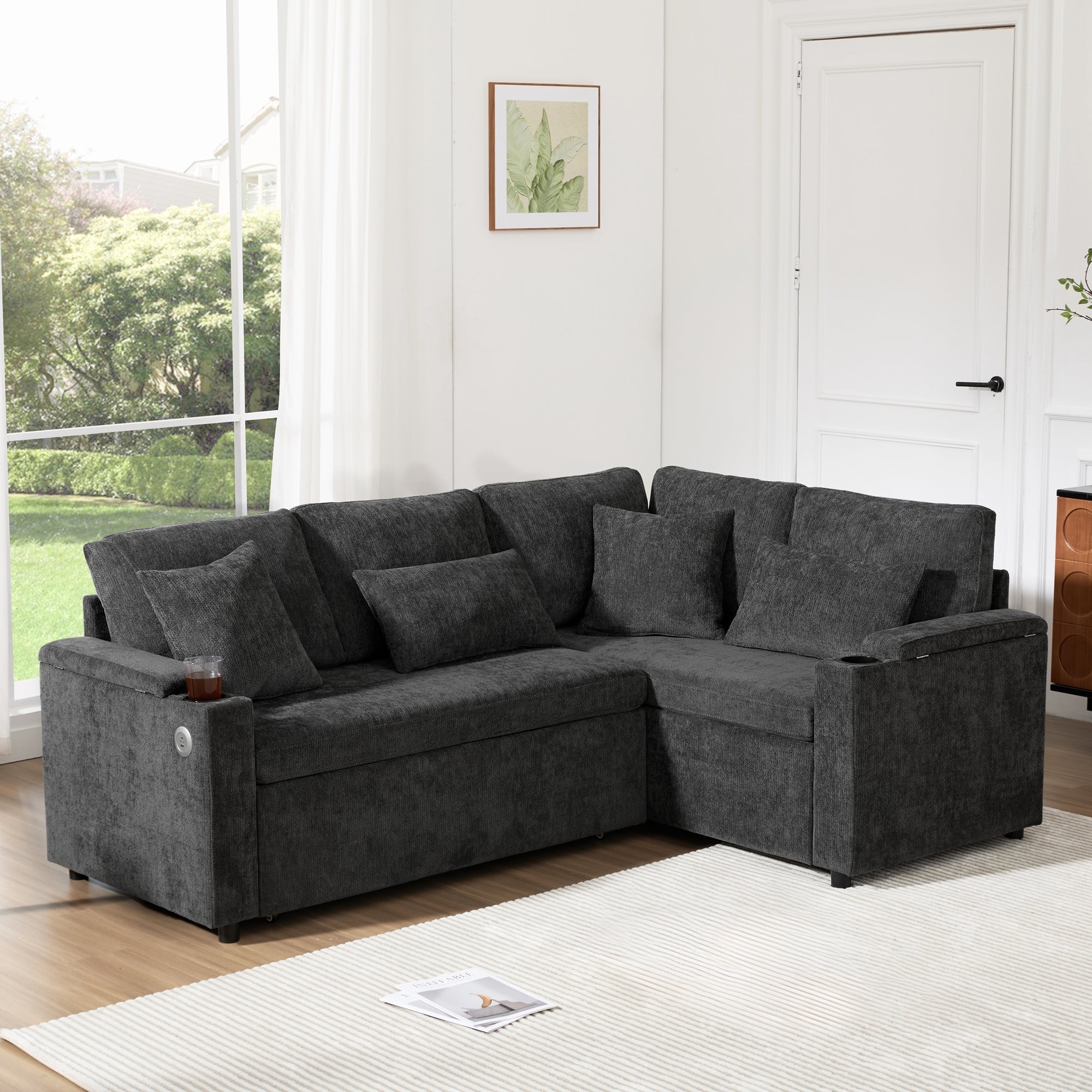 L-Shaped Extendable Sofa, Convertible Chaise Storage USB Cup Holders, Gray