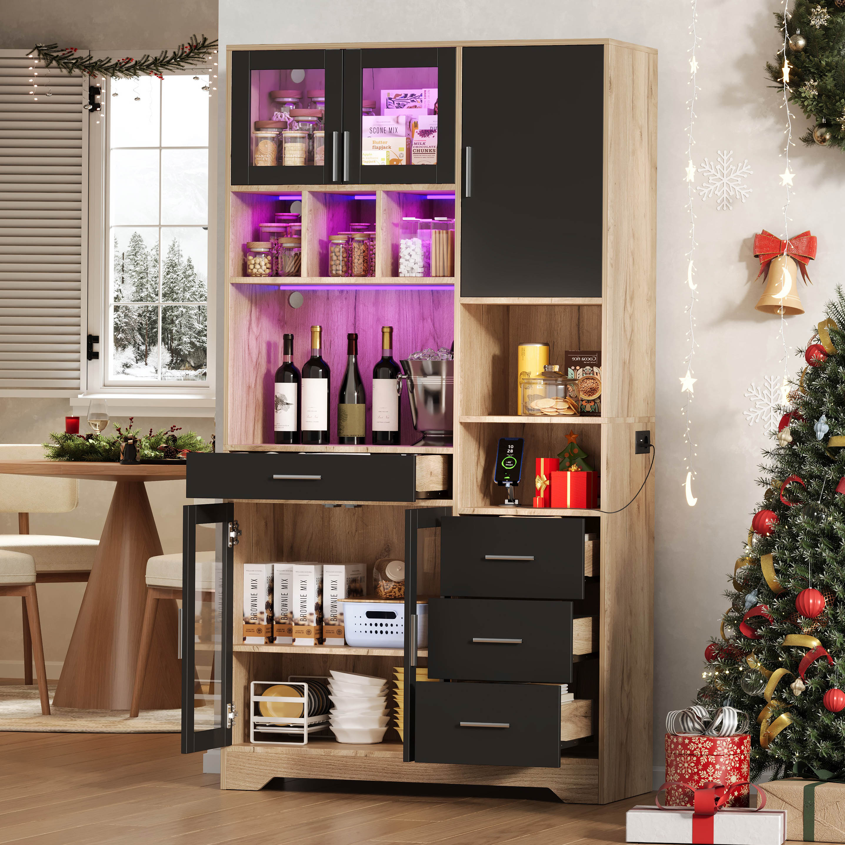 Farmhouse Style Vintage Tall Kitchen Cabinet with LED Lights and Socket, Oak Look