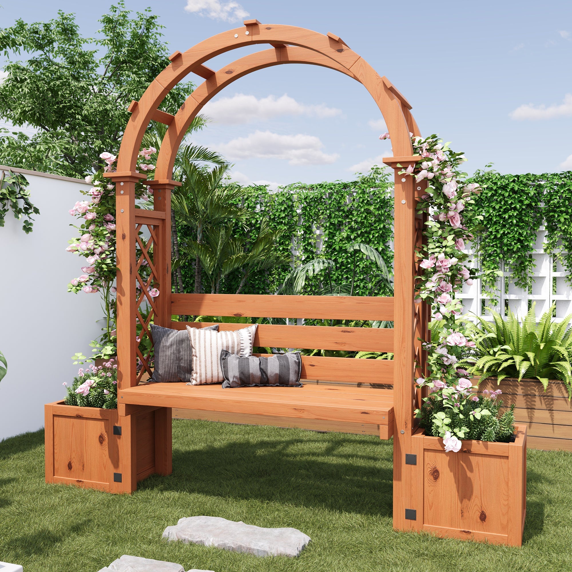 Planter Box with Trellis and Bench for Garden and Yard, Natural Wood