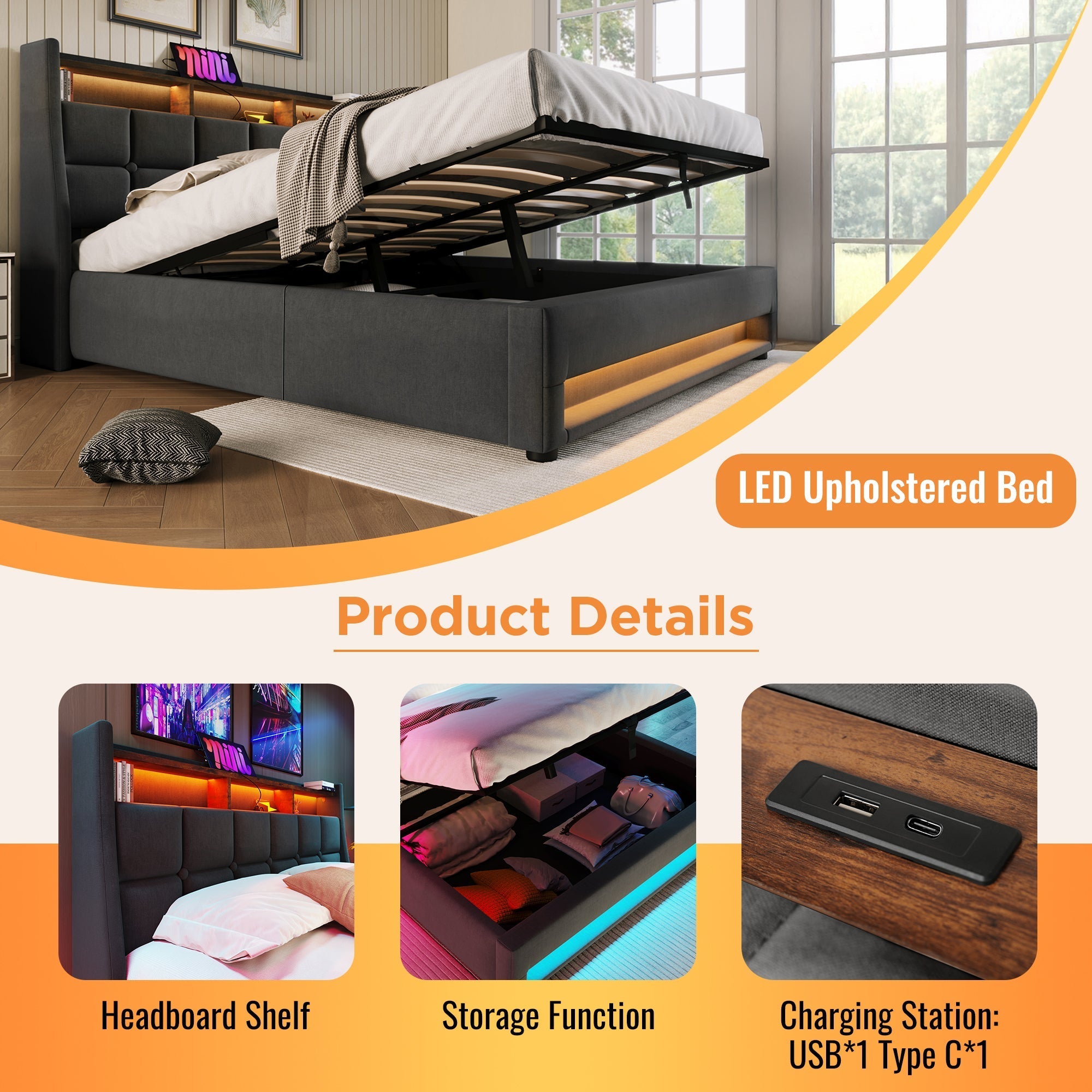 Upholstered Double Bed 135 x 190 cm with LED Lighting, USB-C Charging, Storage Headboard, Metal Slatted Frame, Grey Linen