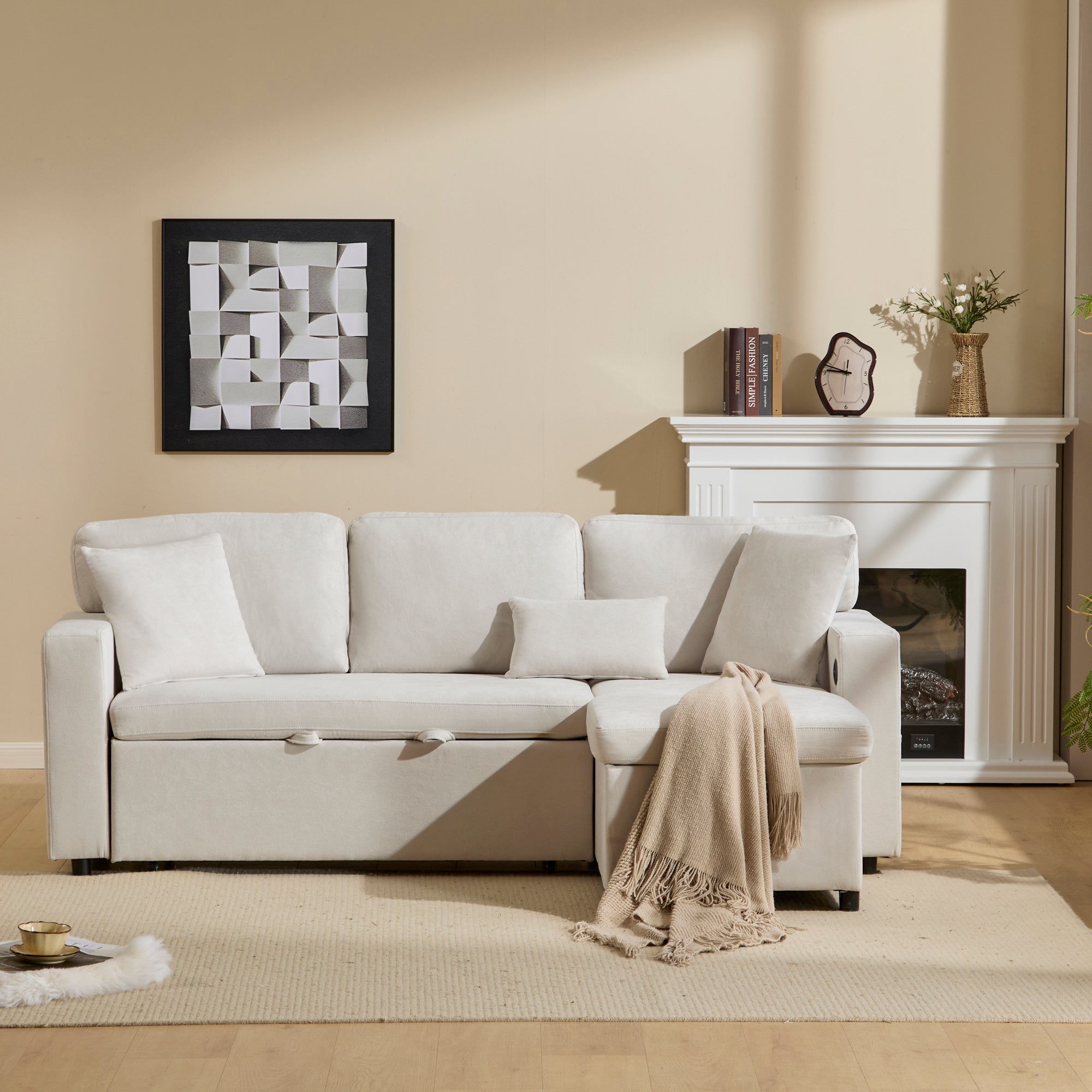 Corner Sofa Bed L-Shape Extendable Storage & Shelf - Beige