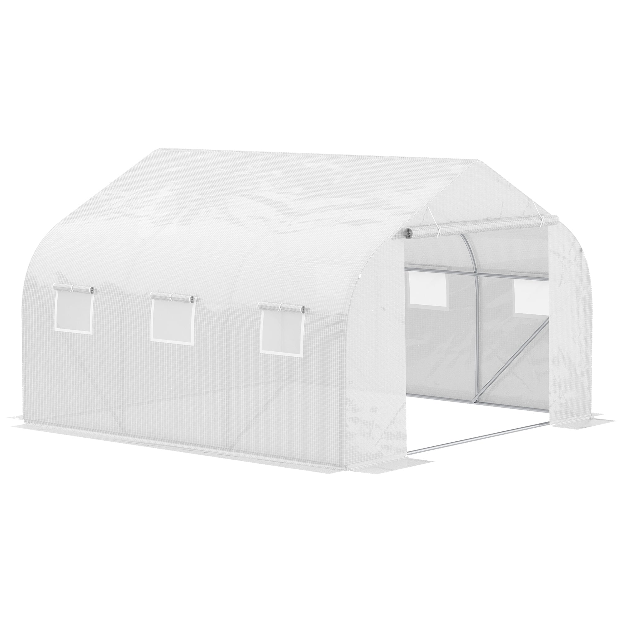 Walk-In Polytunnel Greenhouse, Door and Windows, 3.5 x 3 x 2m, Galvanised Steel Frame, White