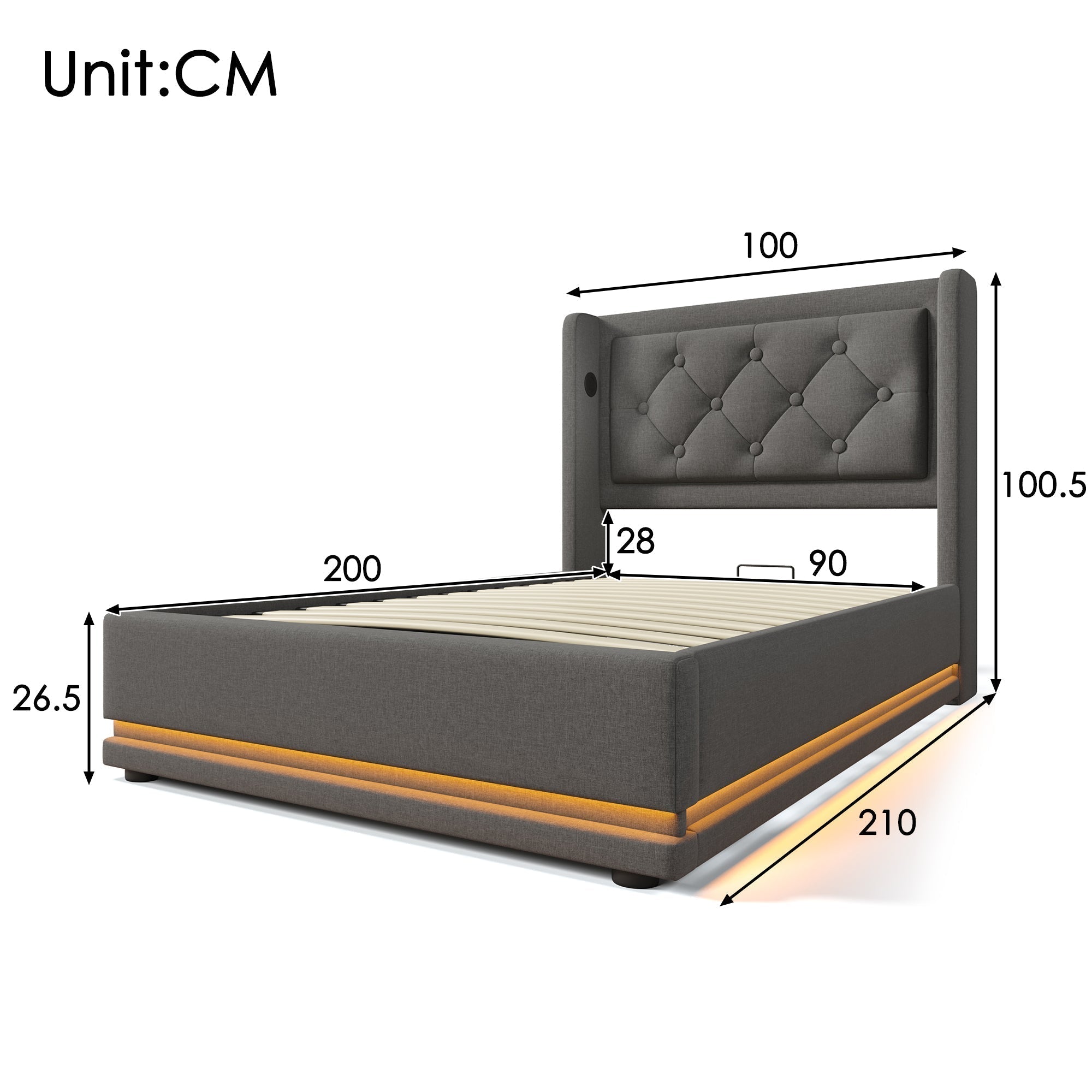 Upholstered Double Bed 90x200cm Hydraulic Storage USB-C LED Headboard, Grey Cotton