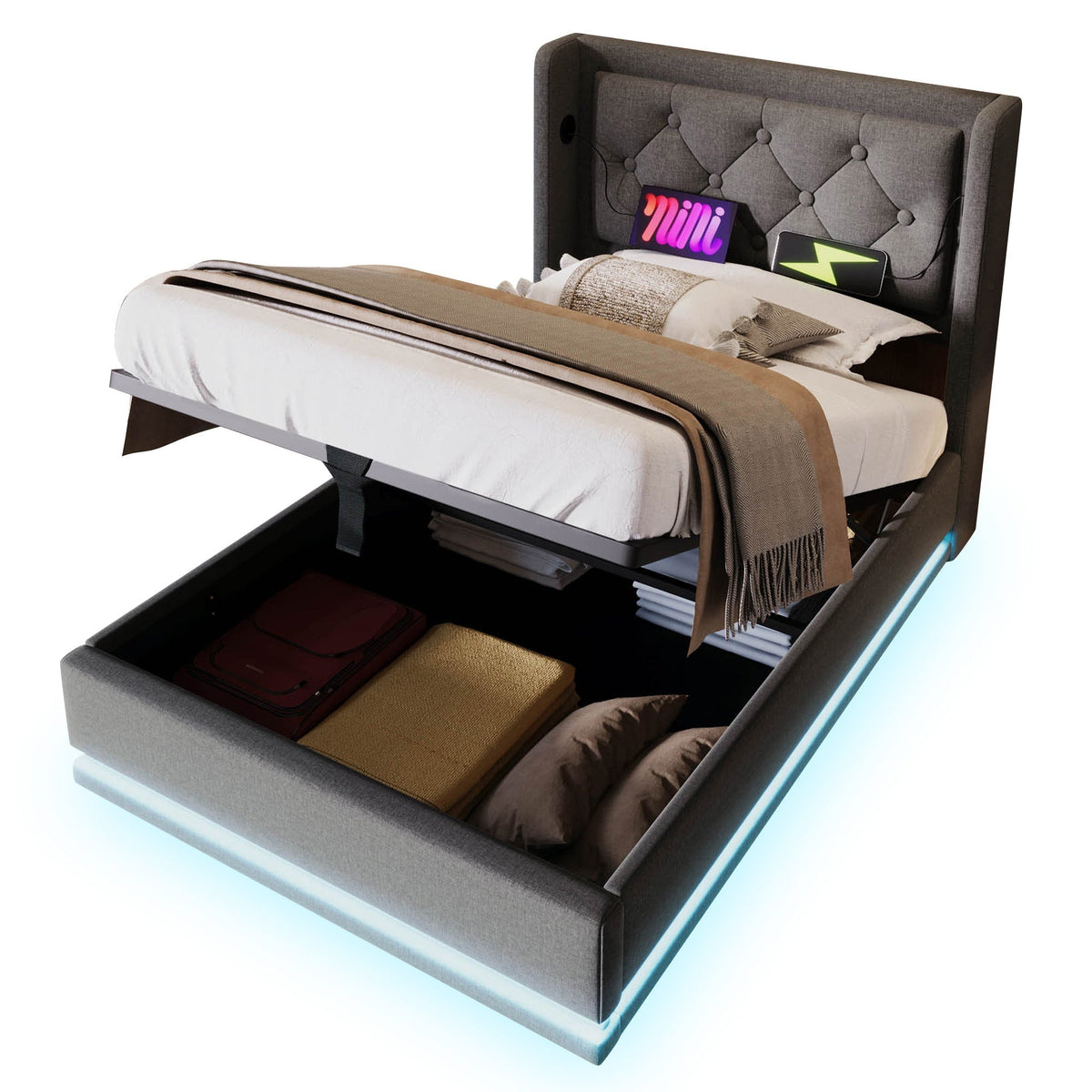 Upholstered Double Bed 90x200cm Hydraulic Storage USB-C LED Headboard, Grey Cotton