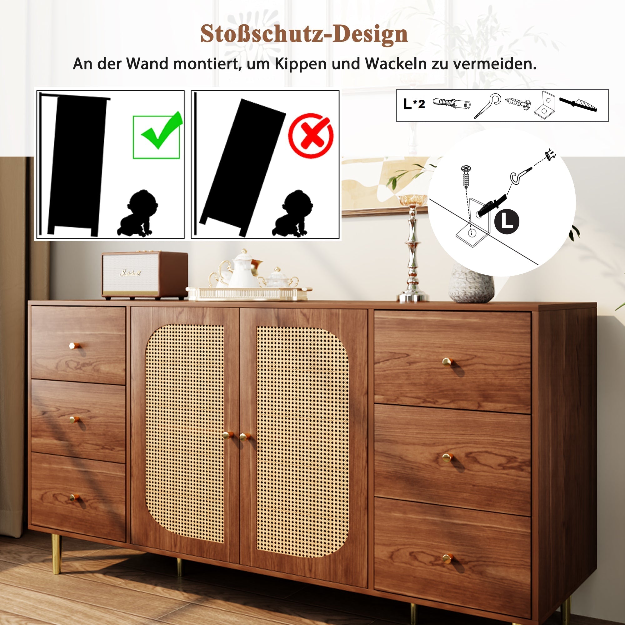 Rattan Sideboard Storage Cabinet with Drawer 160x40x90cm Brown Wood