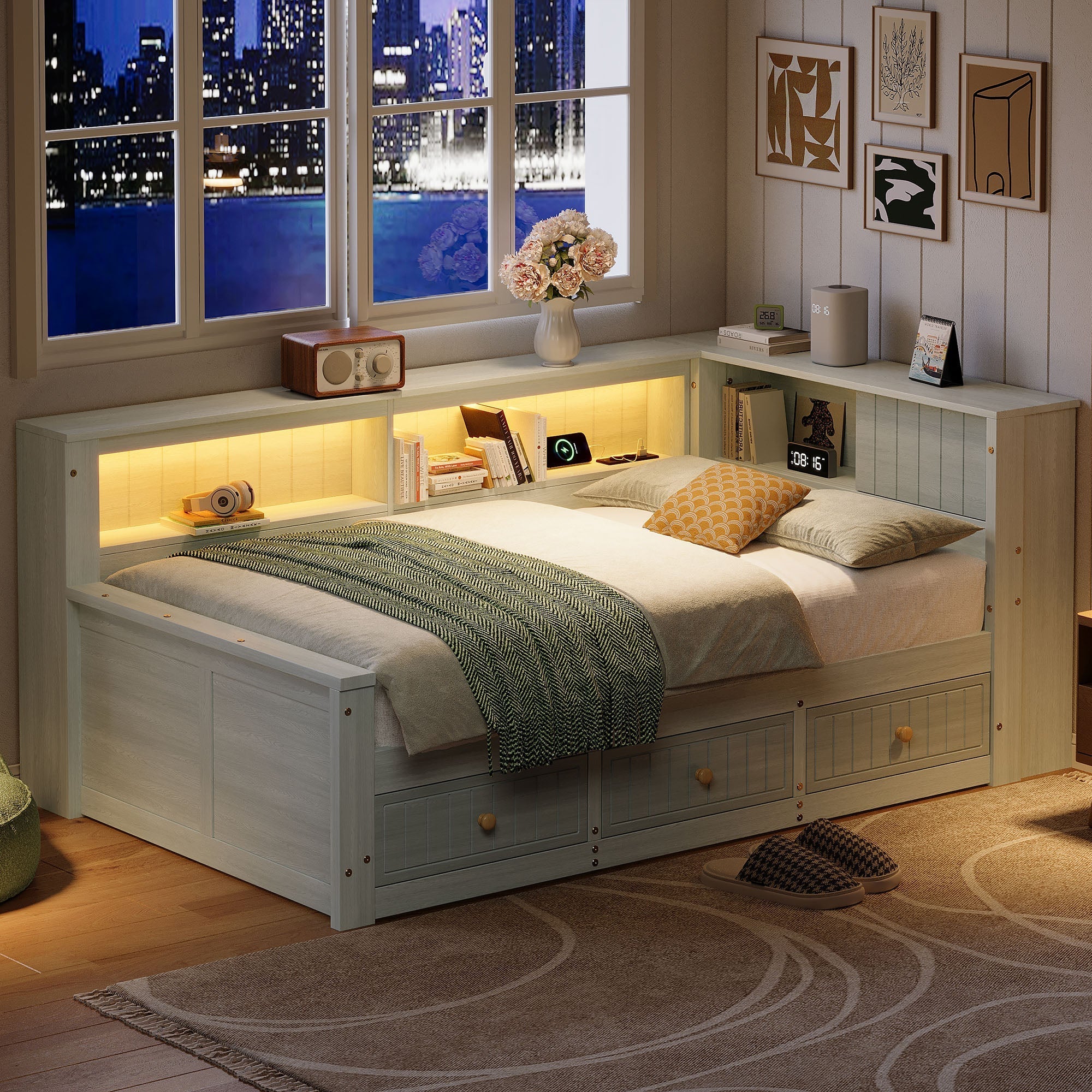 Wooden Daybed with Storage Compartments and 3 Drawers, 90 x 200 cm, Grey