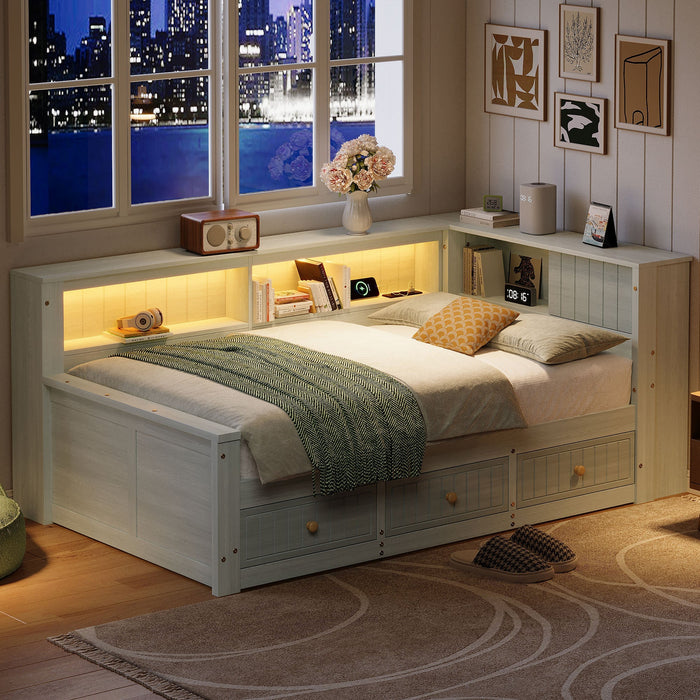 Wooden Daybed with Storage Compartments and 3 Drawers, 90 x 200 cm, Grey