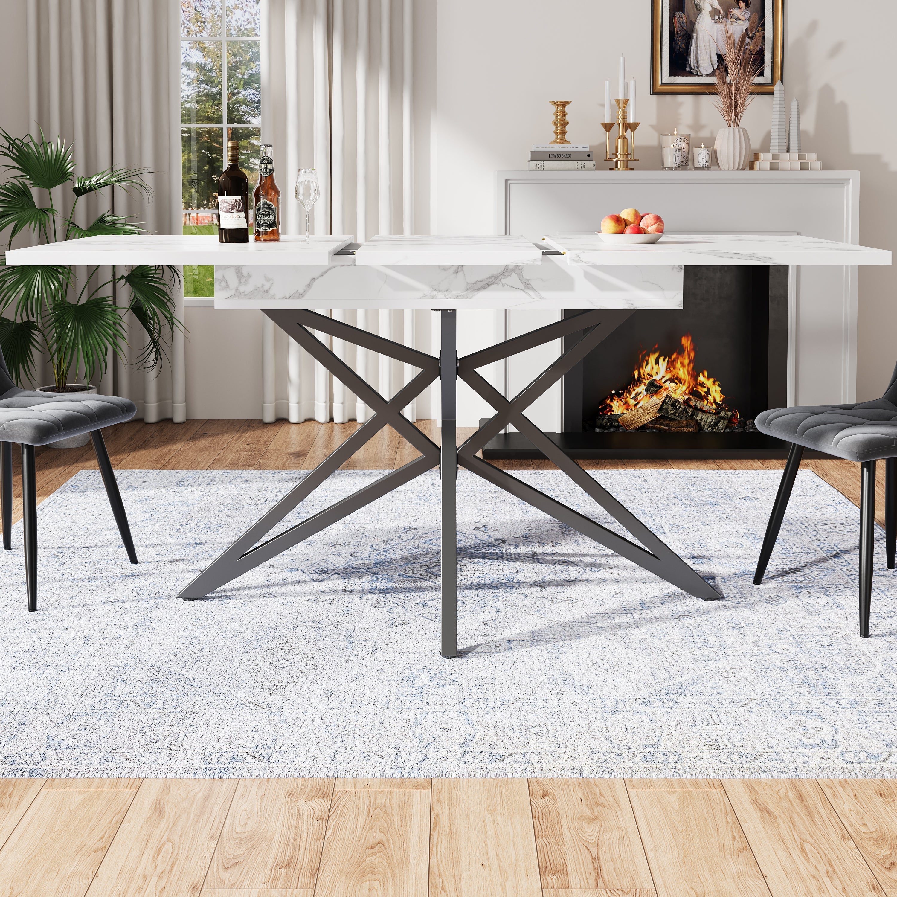 Extendable Dining Table 120(160)x80cm Star-Shaped Legs - Walnut/Marble Look Black