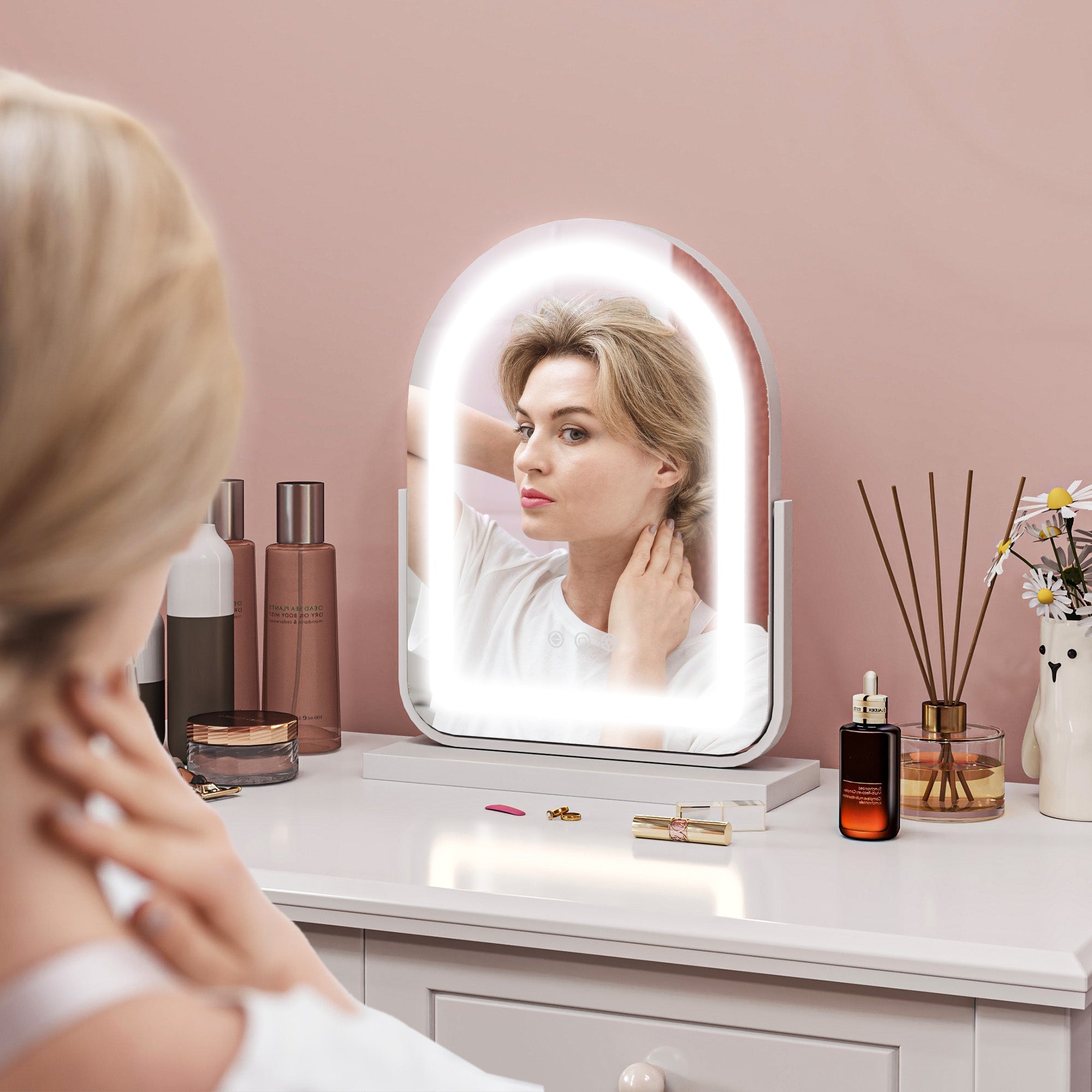 Cosmetic Mirror, LED Light 3 Colors 360° Rotatable, White Metal Frame