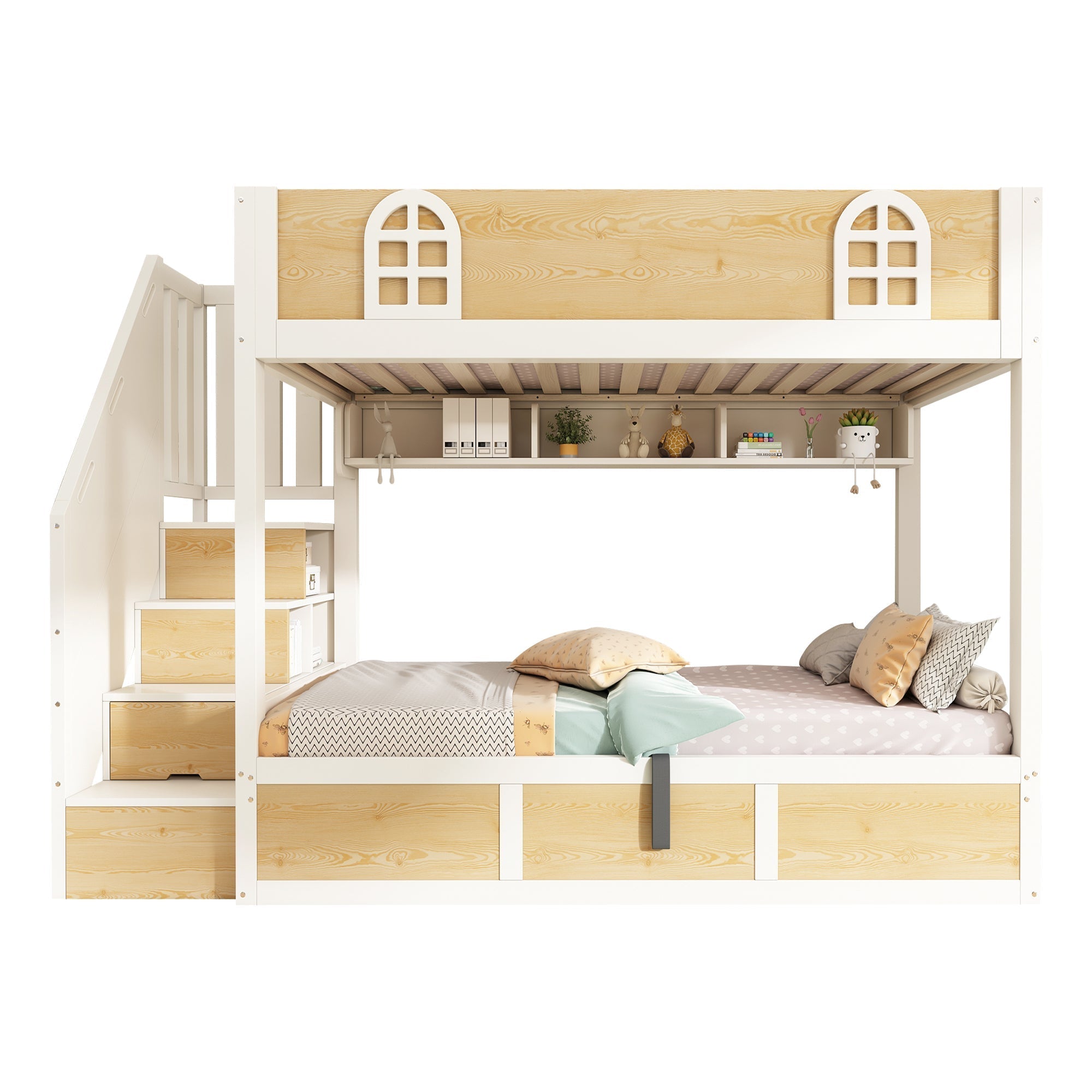 Children's Bunk Bed 90x200cm Staircase Wardrobe Storage White and Natural