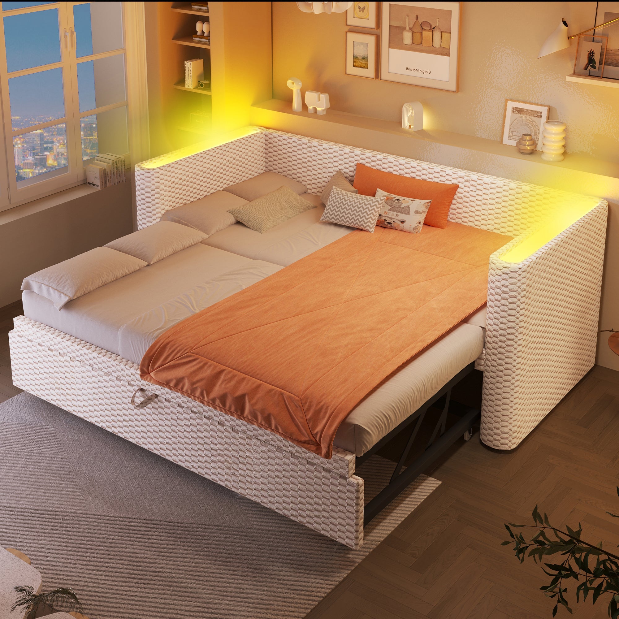 Daybed Sofa Bed, Multifunctional Pull-Out with LED Light, Velvet Beige
