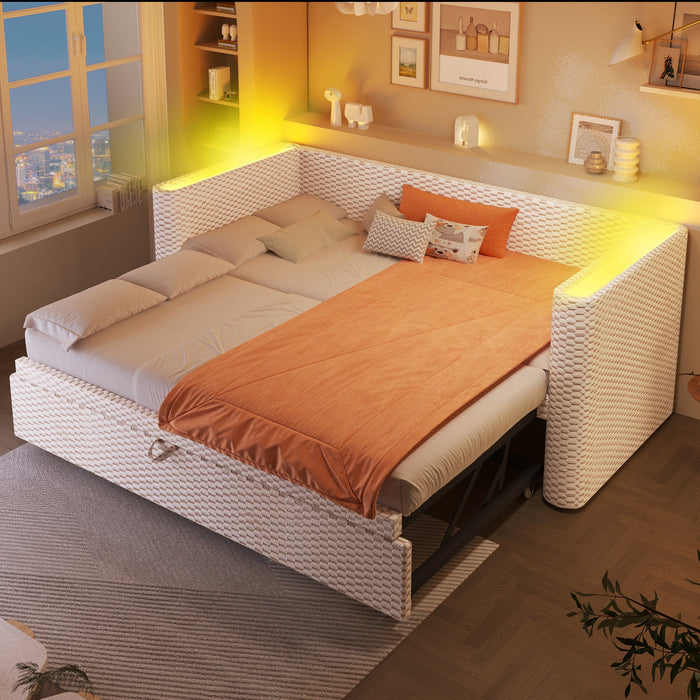 Daybed Sofa Bed, Multifunctional Pull-Out with LED Light, Velvet Beige