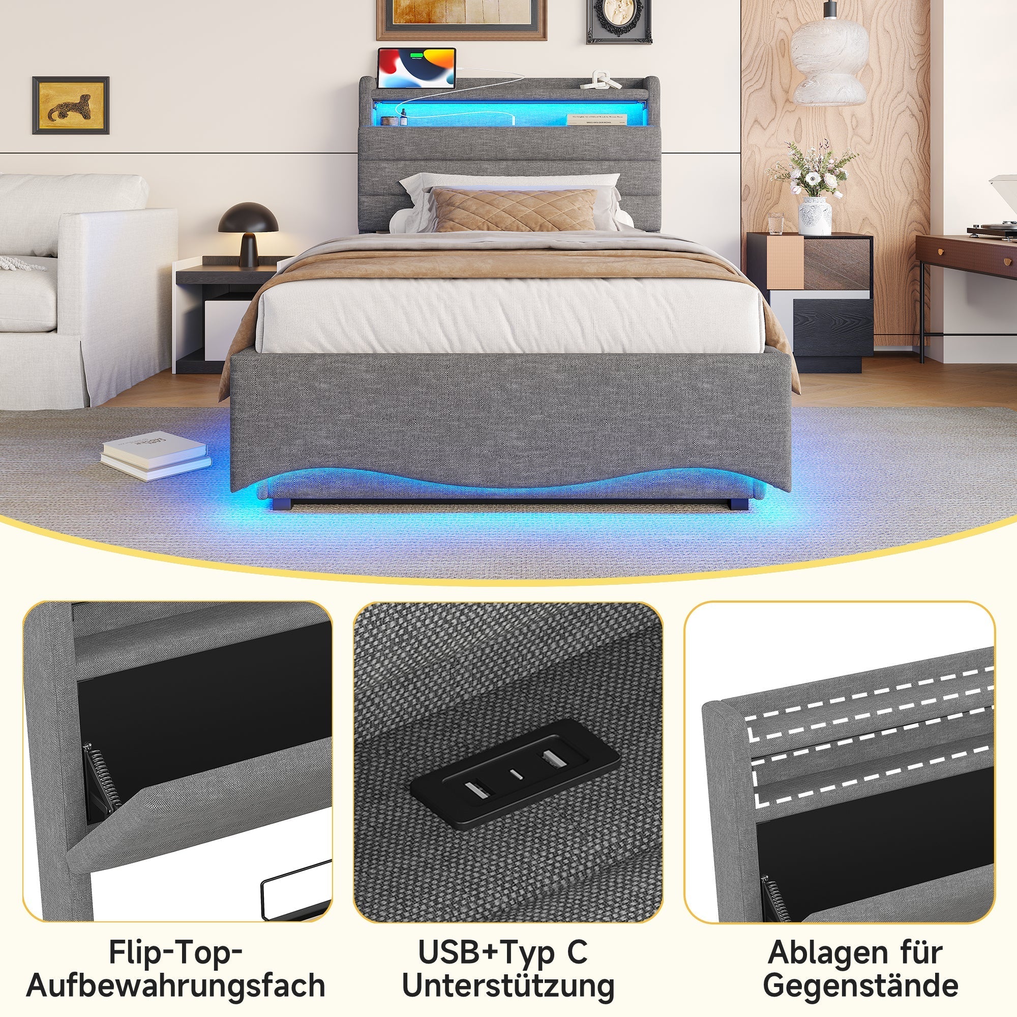 Upholstered Bed with LED Lighting, Hydraulic Storage and USB Ports, Grey Linen Fabric