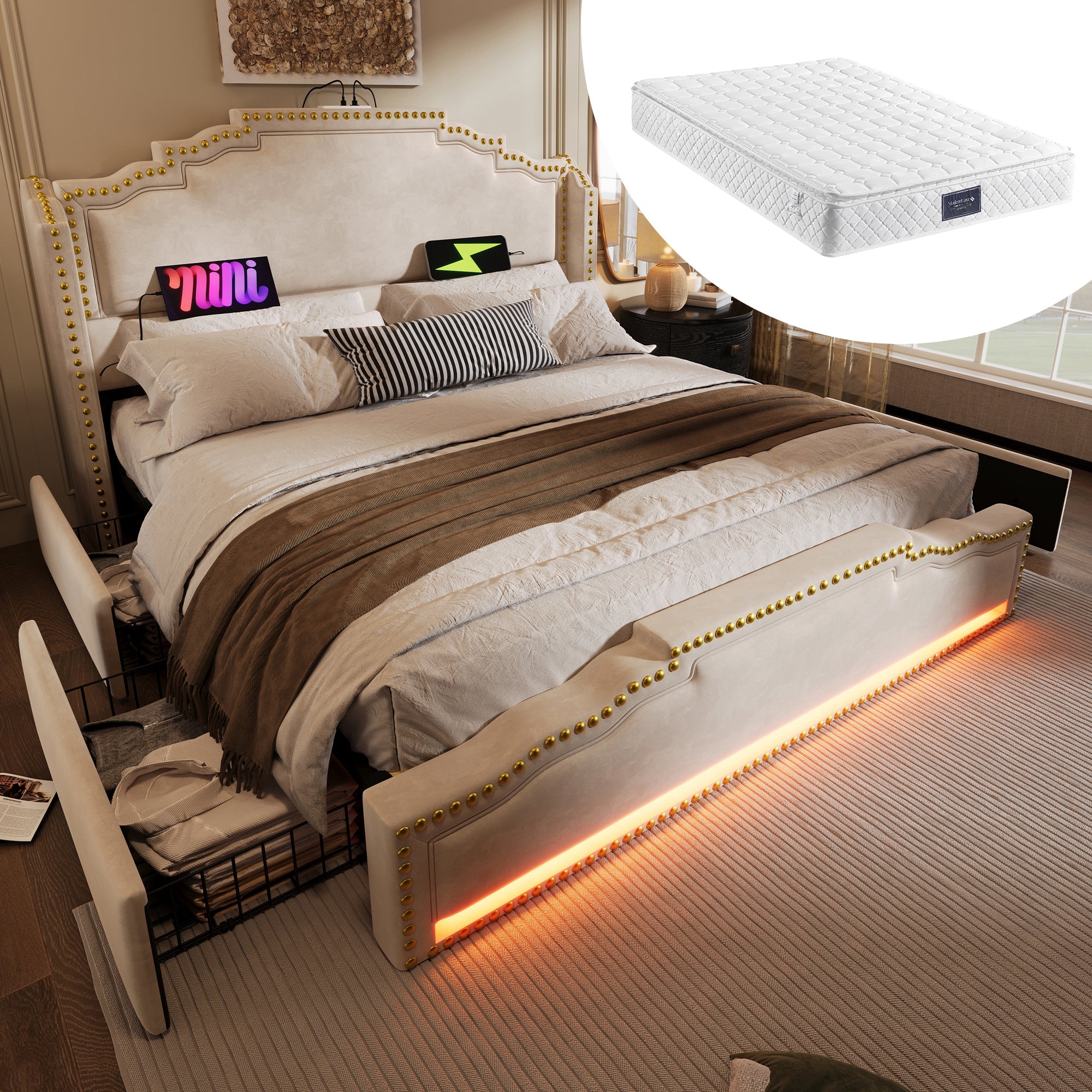 Upholstered Bed 160x200, 4 Drawers, LED, USB-C, Velvet Beige