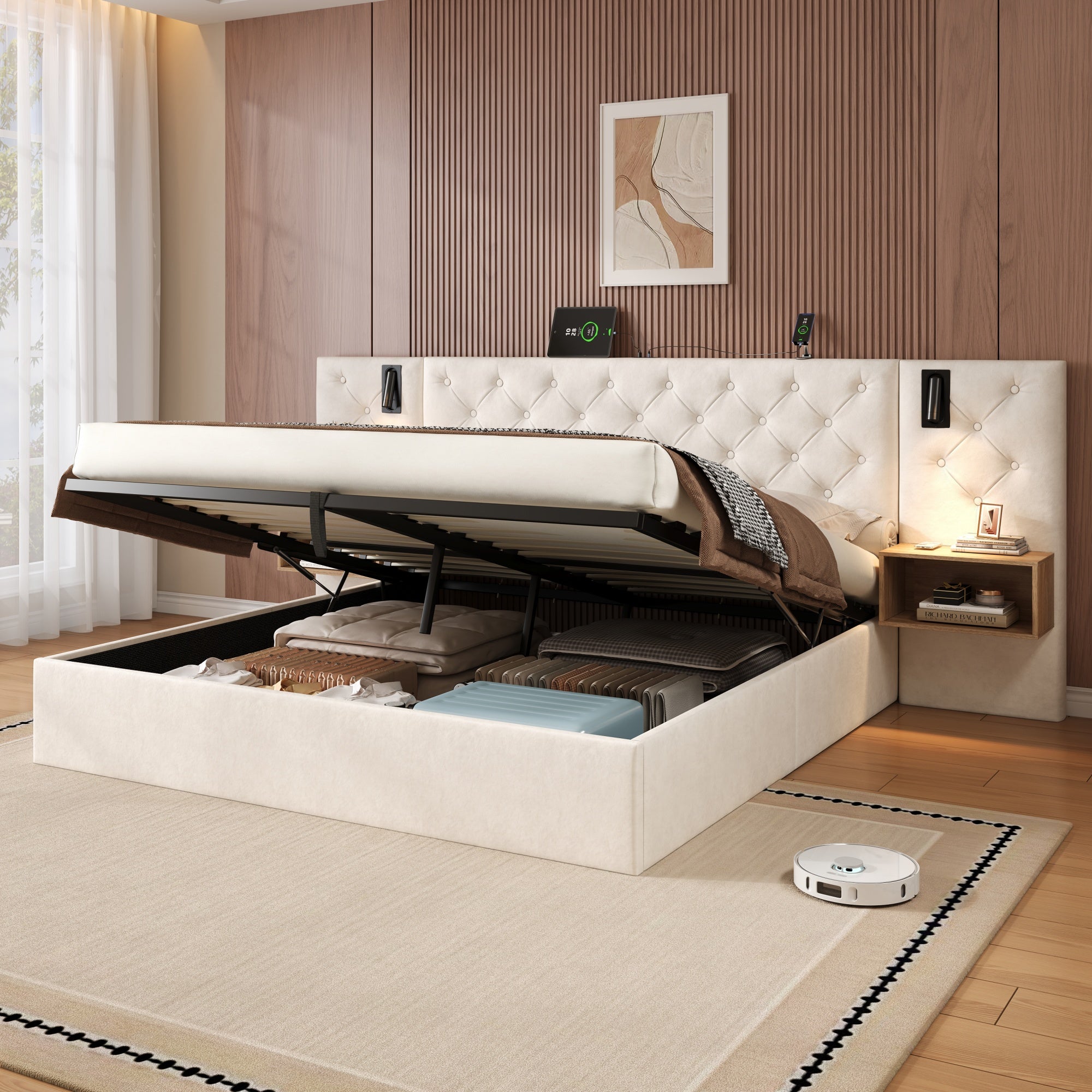 King Upholstered Bed with Charging Station, Reading Light, and Hydraulic Storage, Beige Velvet
