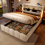 Upholstered Bed 140x200cm Hydraulic Storage LED Headboard USB/Type-C Ports - Beige Velvet