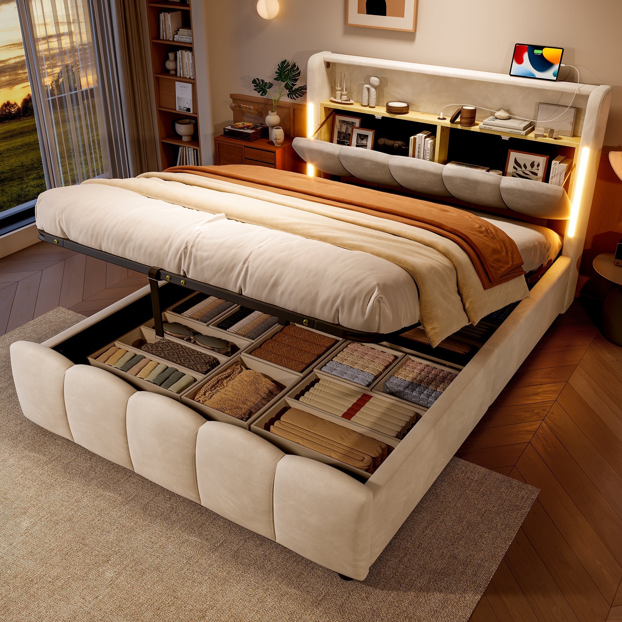 Upholstered Bed 140x200cm Hydraulic Storage LED Headboard USB/Type-C Ports - Beige Velvet