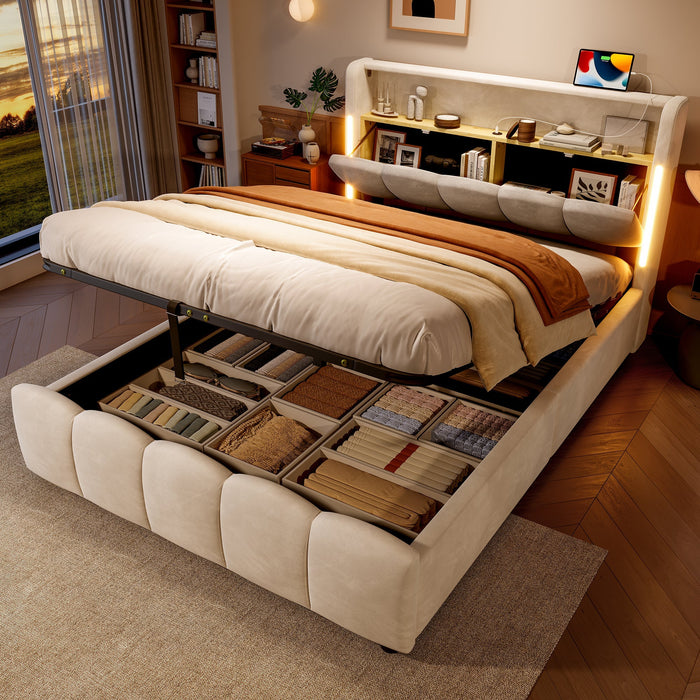 Upholstered Bed 140x200cm Hydraulic Storage LED Headboard USB/Type-C Ports - Beige Velvet