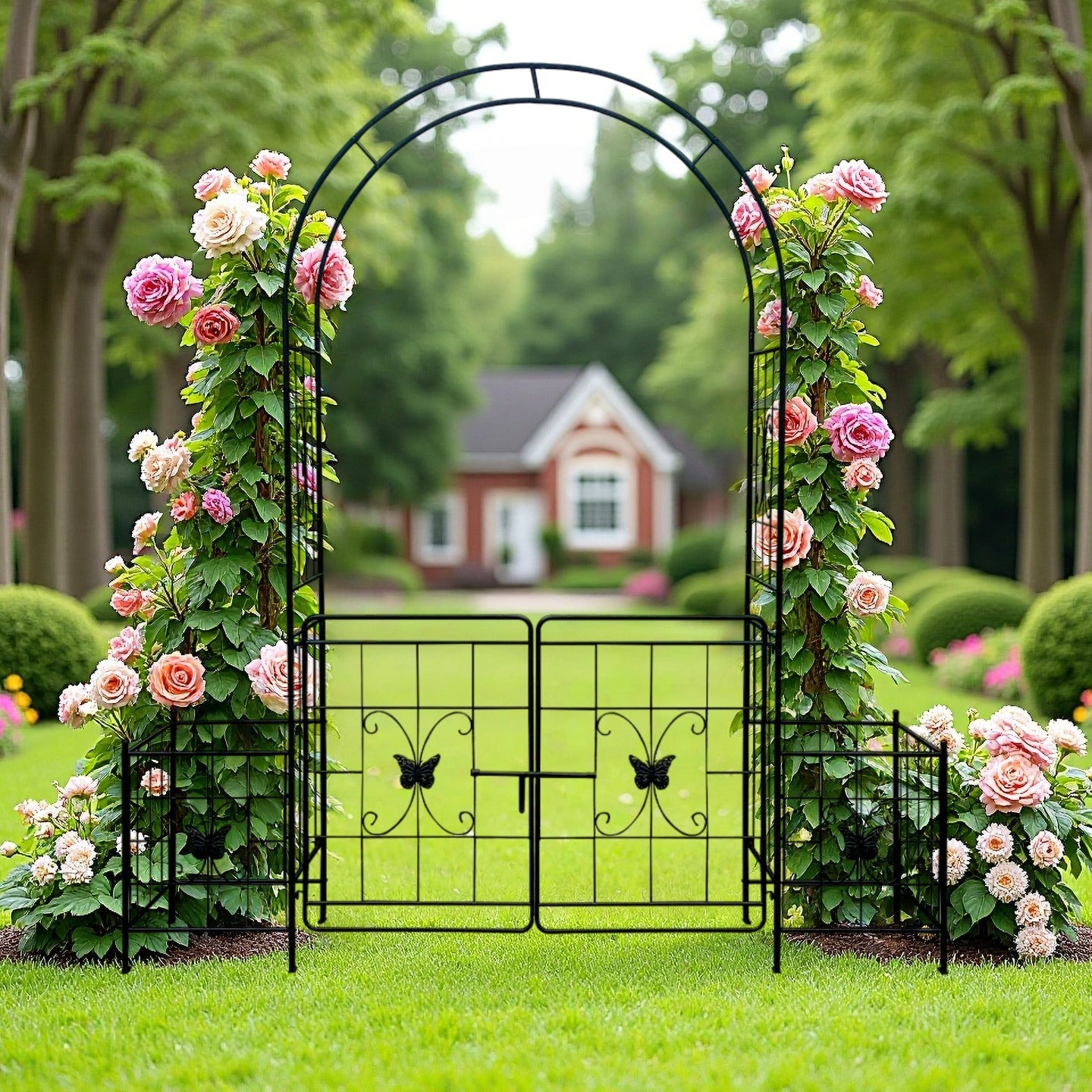 Garden Arch Arbor Trellis with Gate, Durable Metal, 7.15 Feet, Black