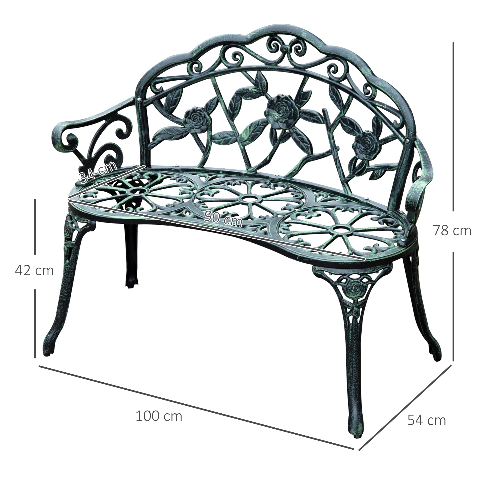 Garden Bench 2-Seater, 100cm Seat, Park/Patio Furniture, Metal
