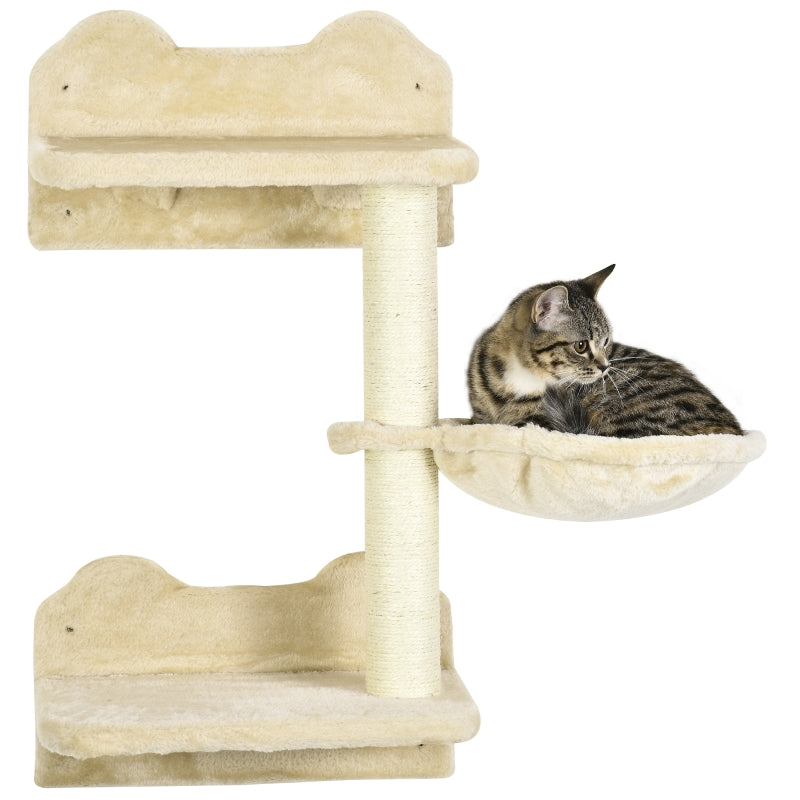 Kletterstufen für Katzen, 4-teiliges Wandtreppen-Set mit Kratzbaum & Hängematte, Beige/Cremeweiß