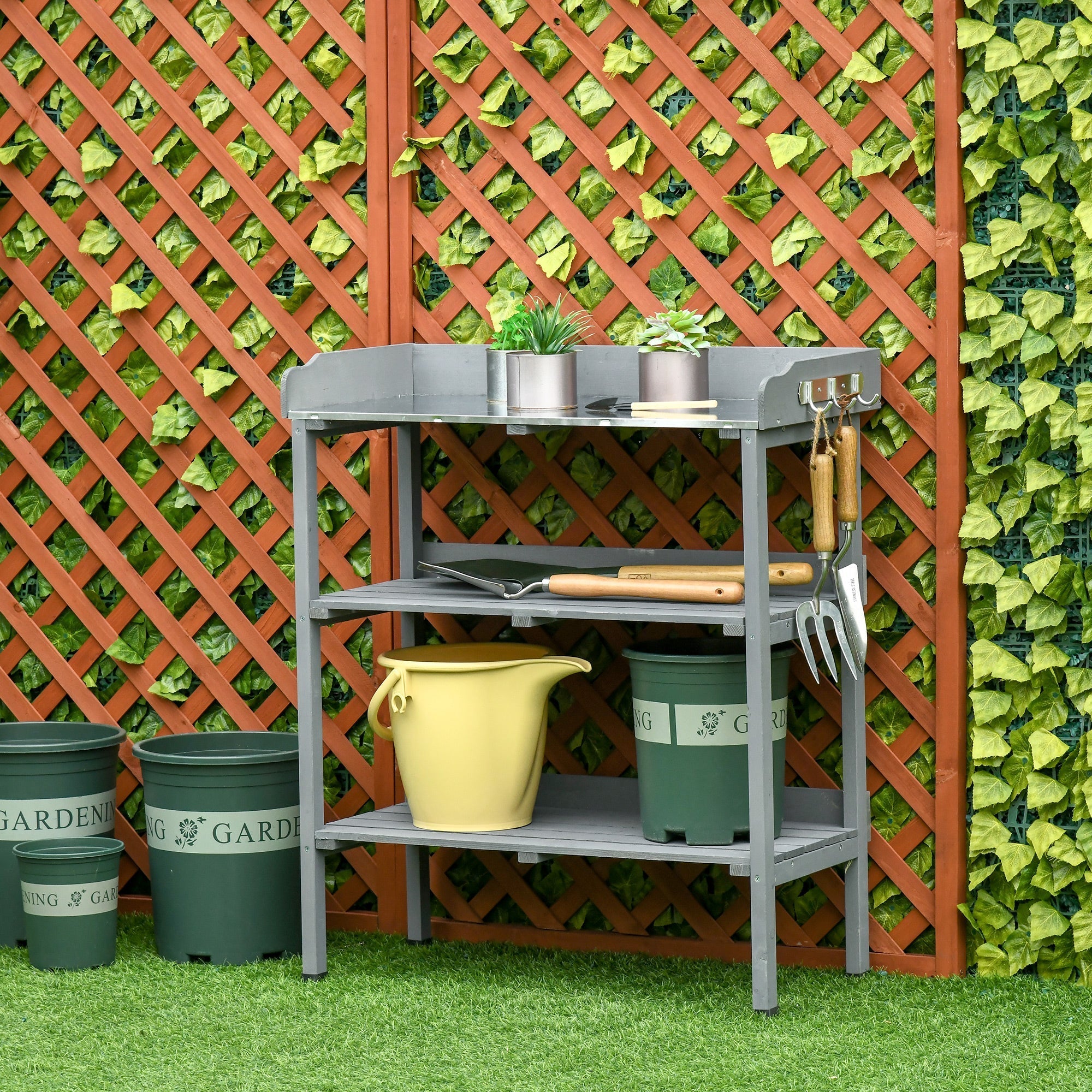 Planting Table Metal Work Surface 76x37x89cm for Garden/Balcony Wood