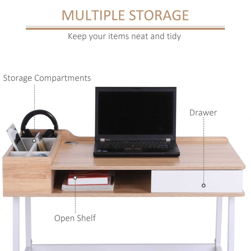 Computer Desk with Drawer Storage and Cable Management, Oak and White