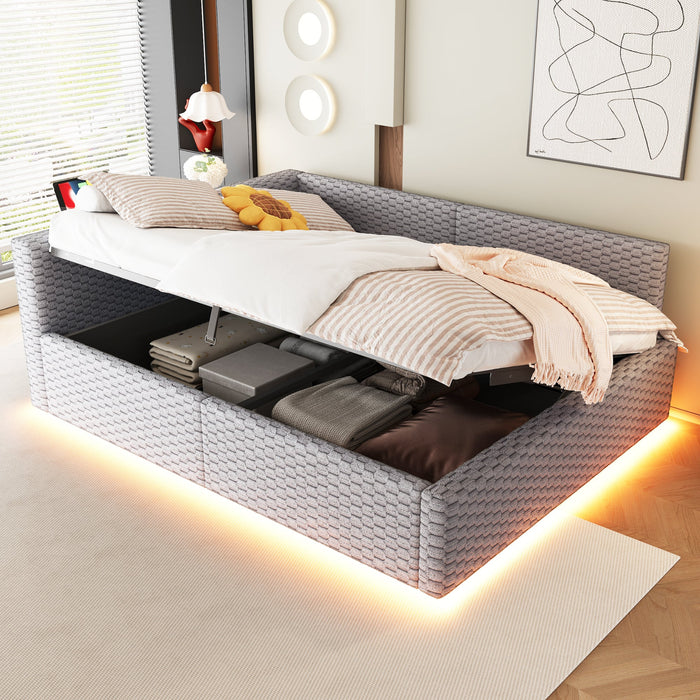Upholstered Bed with LED, USB-C/USB and Hydraulic Storage, 140x200cm, Grey Velvet