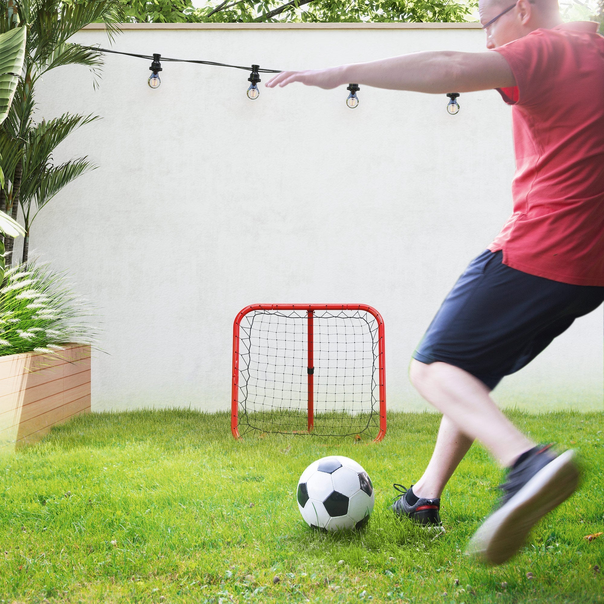 rebounder for soccer, foldable 63 x 63 cm adjustable goal kicker, metal red