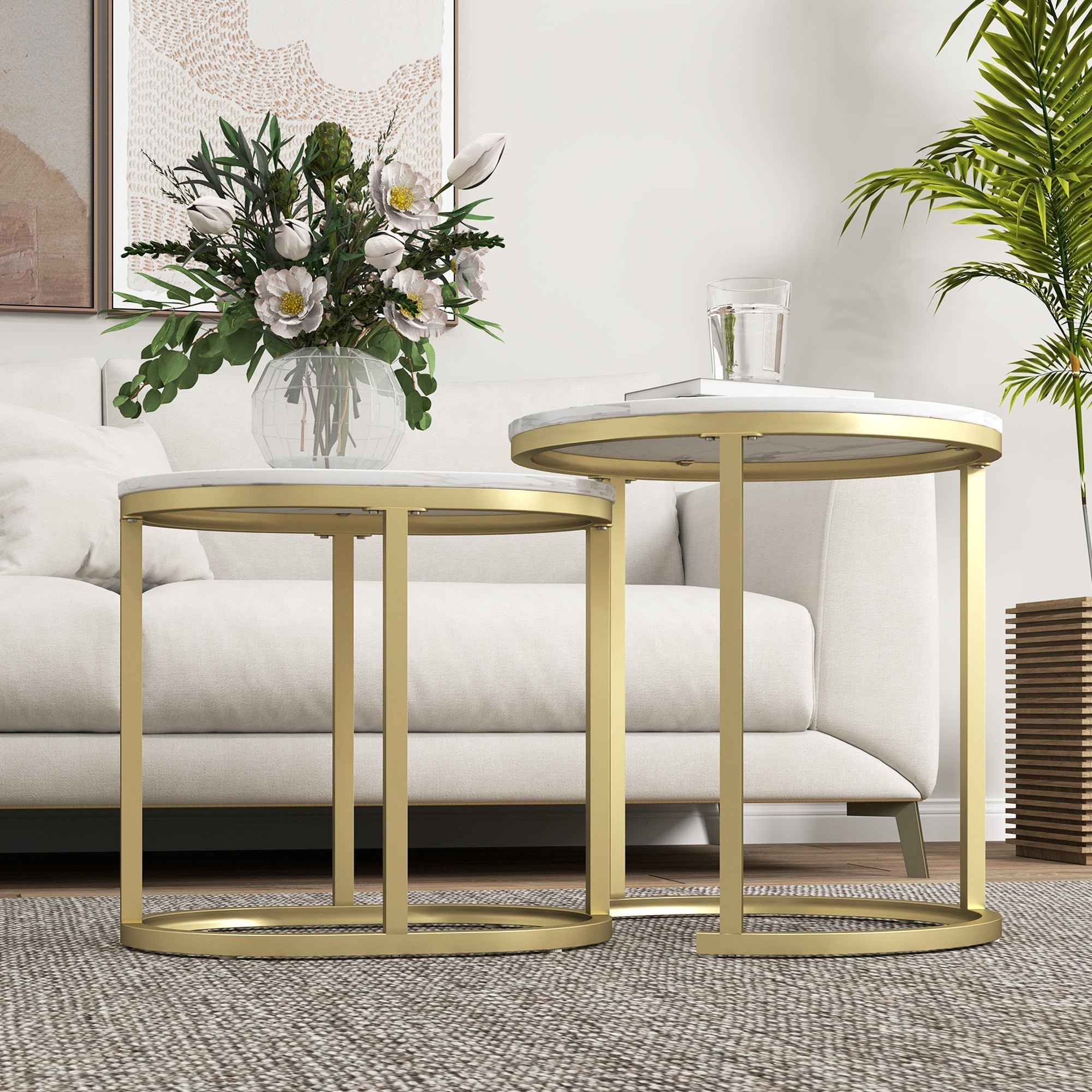 Round Coffee Table Set of 2 Stackable Side Tables, Steel Frame, White