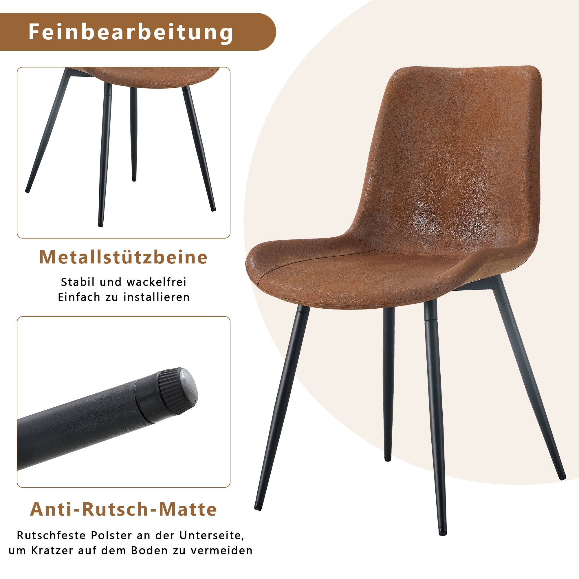 Dining Chairs Set of 4 Widened Seat Metal Legs - Brown Tech-Fabric
