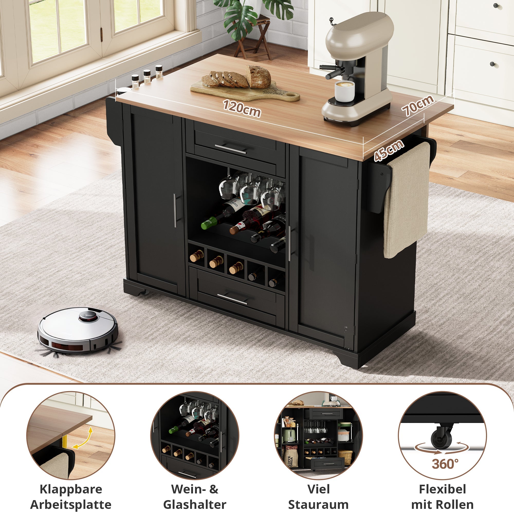 Kitchen Island Cart Folding Worktop Wine Rack Storage - Black