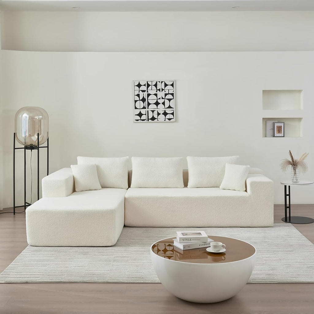 104" Modular L - Shaped Sherpa Sofa with Chaise & Pillows - Cream - Rathwood Store