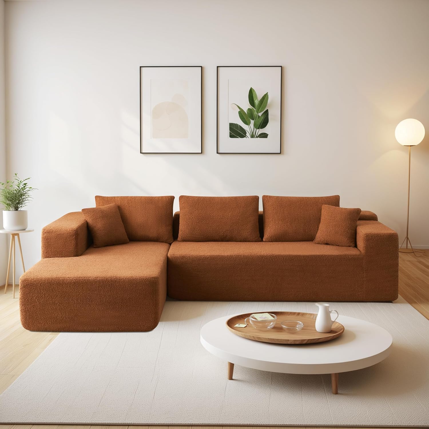 104" Modular L - Shaped Sherpa Sofa with Chaise & Pillows - Orange - Rathwood Store