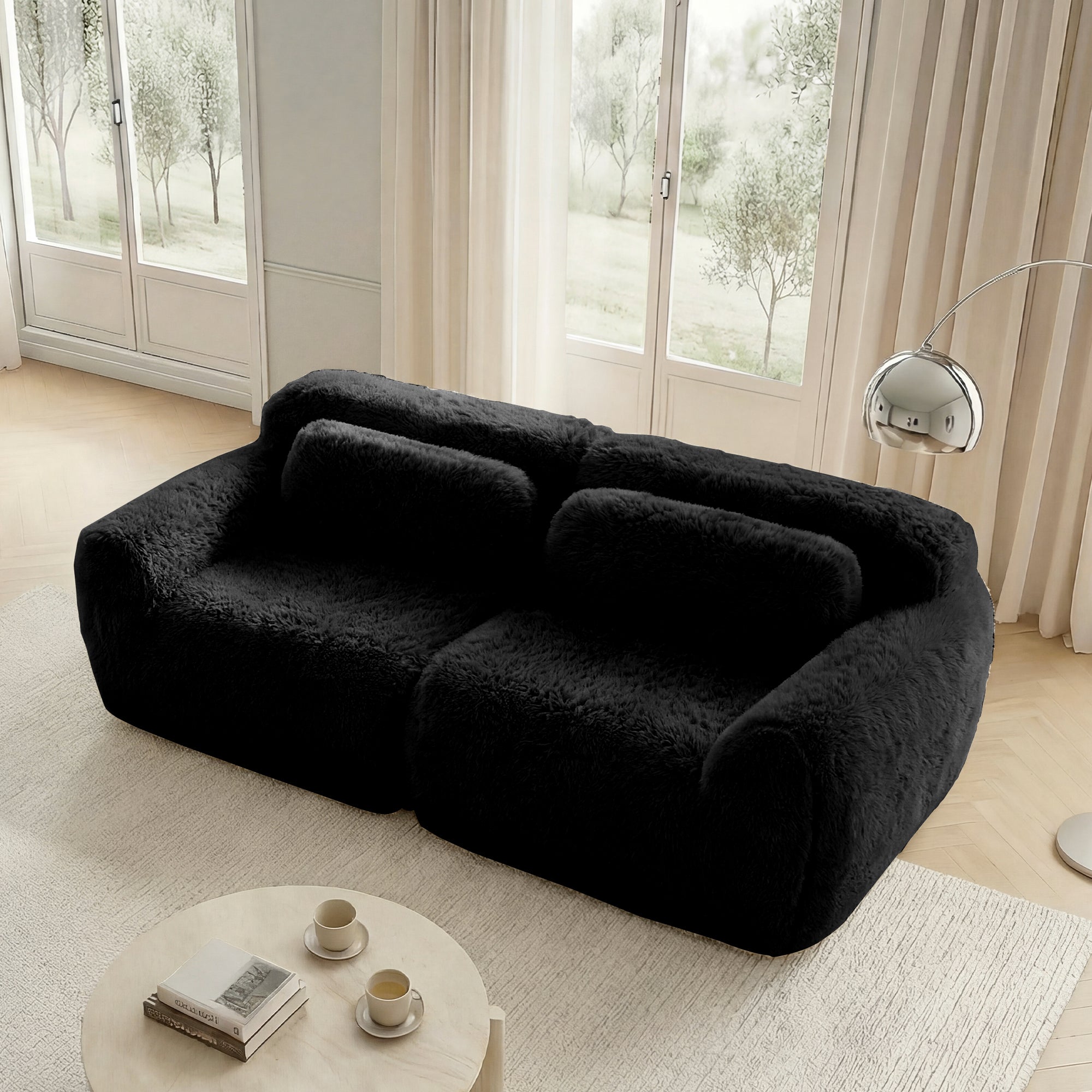 2-Seater Sofa Modular Frameless Plush Fabric with Cushions - Black