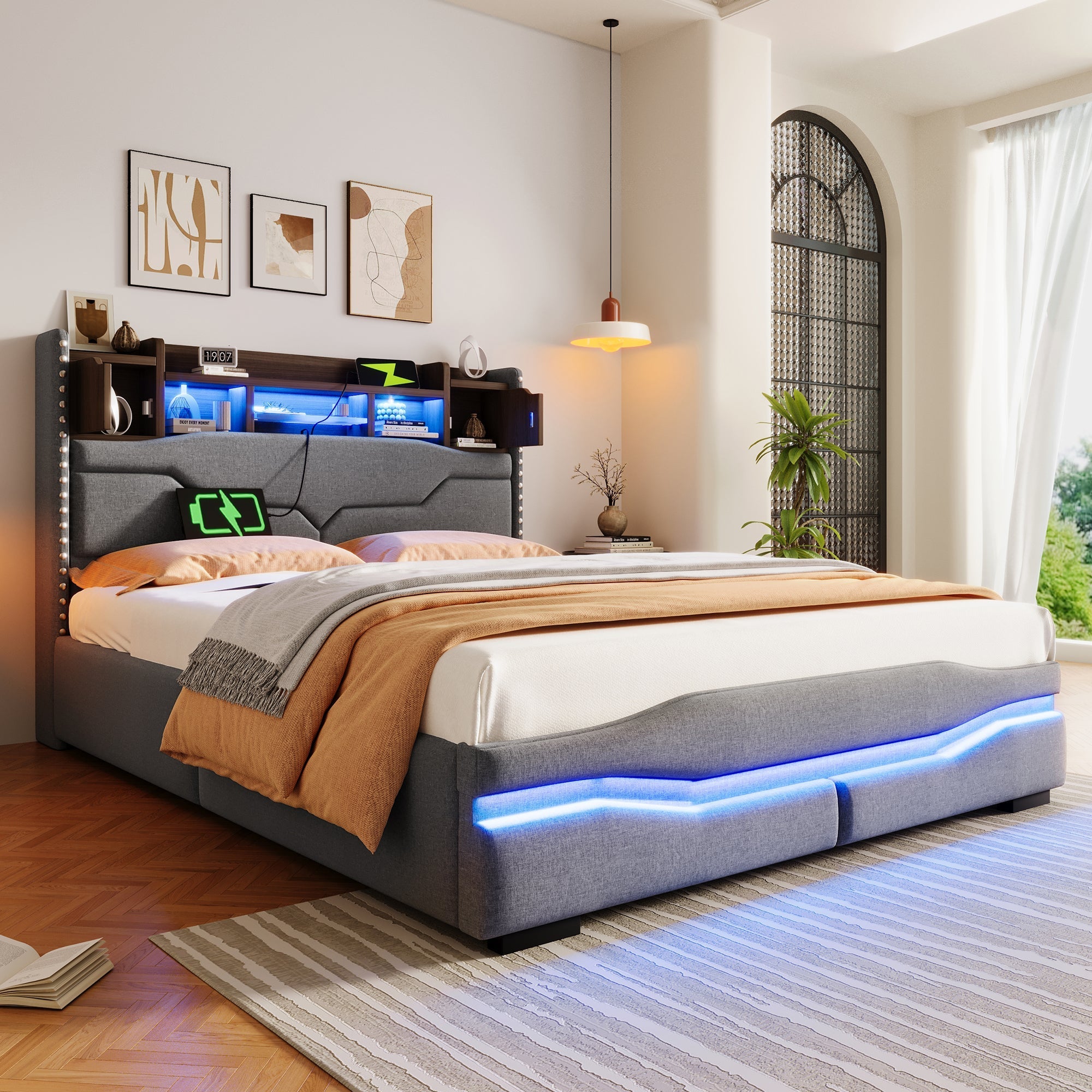 Upholstered Bed with USB-C Charging, LED Ambient Lighting and Hydraulic Storage, Grey