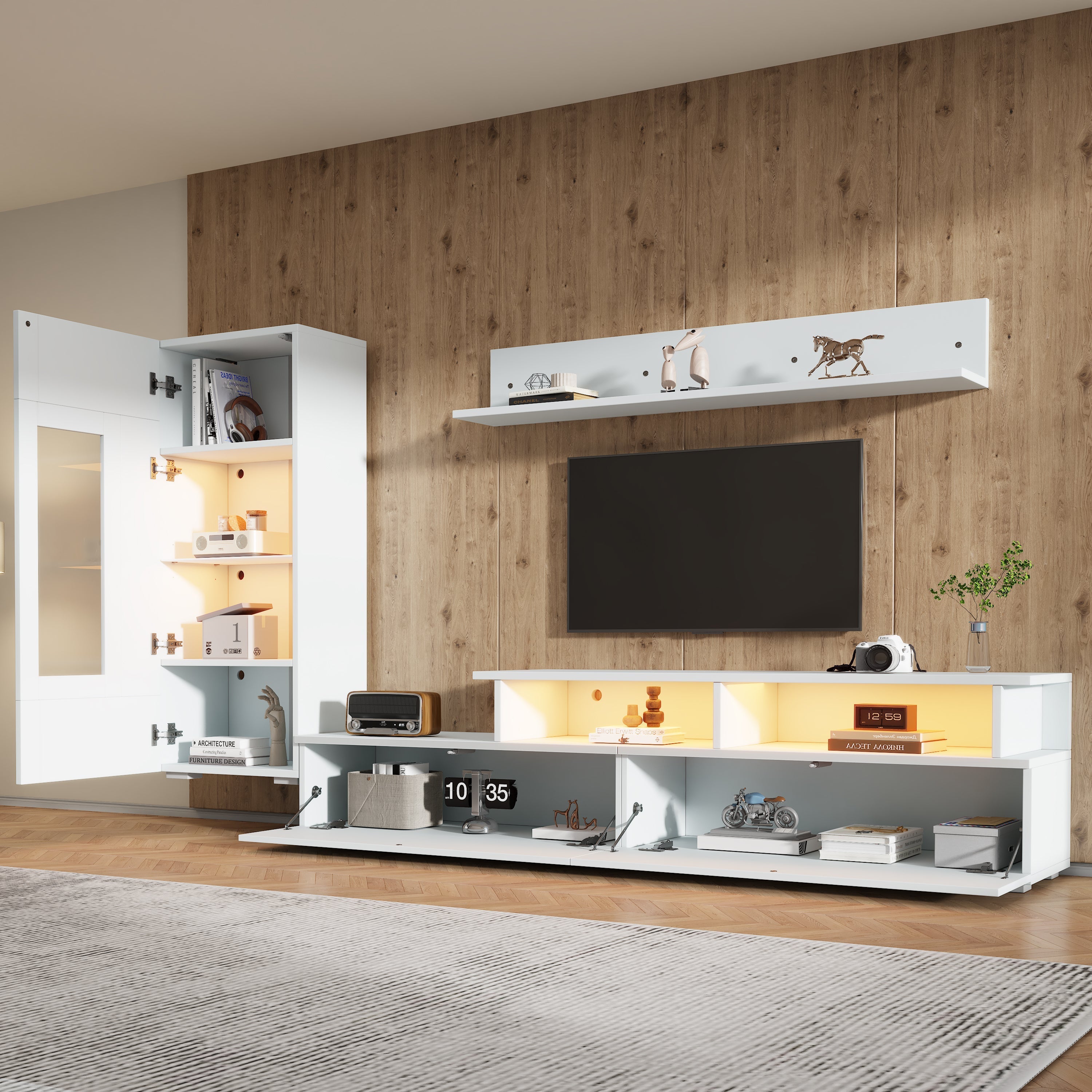 3-Piece TV Wall Unit Set with LED Lighting and High-Gloss Finish, White