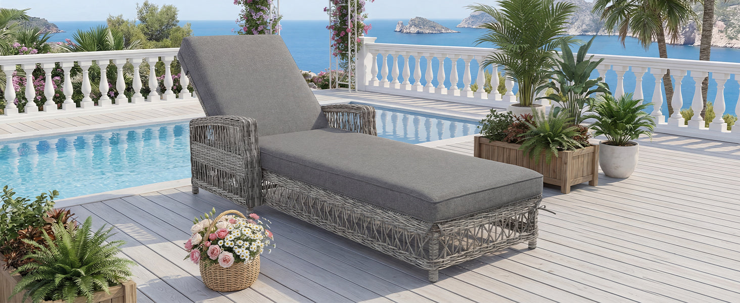 Outdoor Rattan Lounger with Adjustable Backrest and Removable Cushion, Grey Rattan