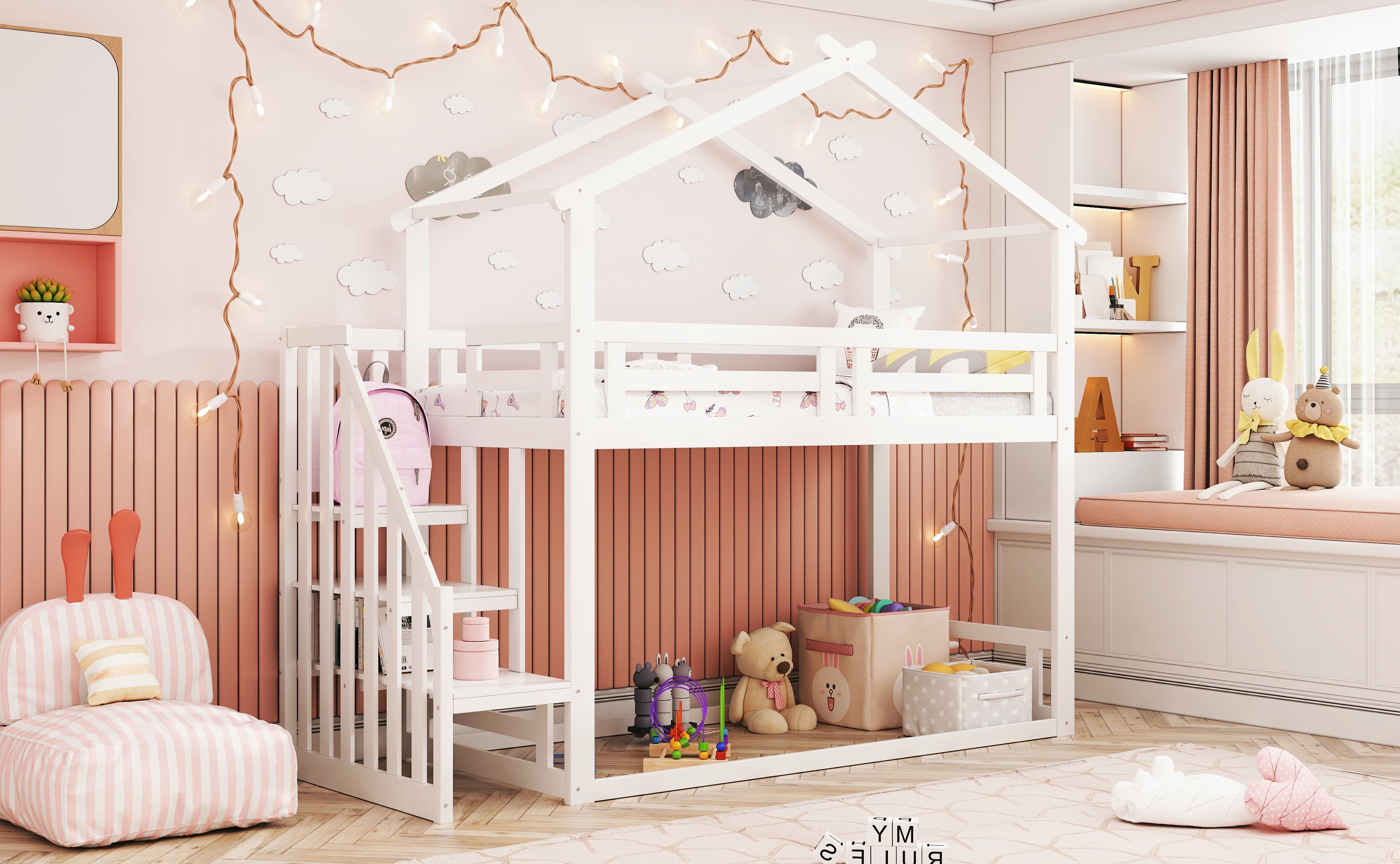 Children's Bed 90x200cm, Low Bunk Bed with Safety Stairs, Solid Wood, White